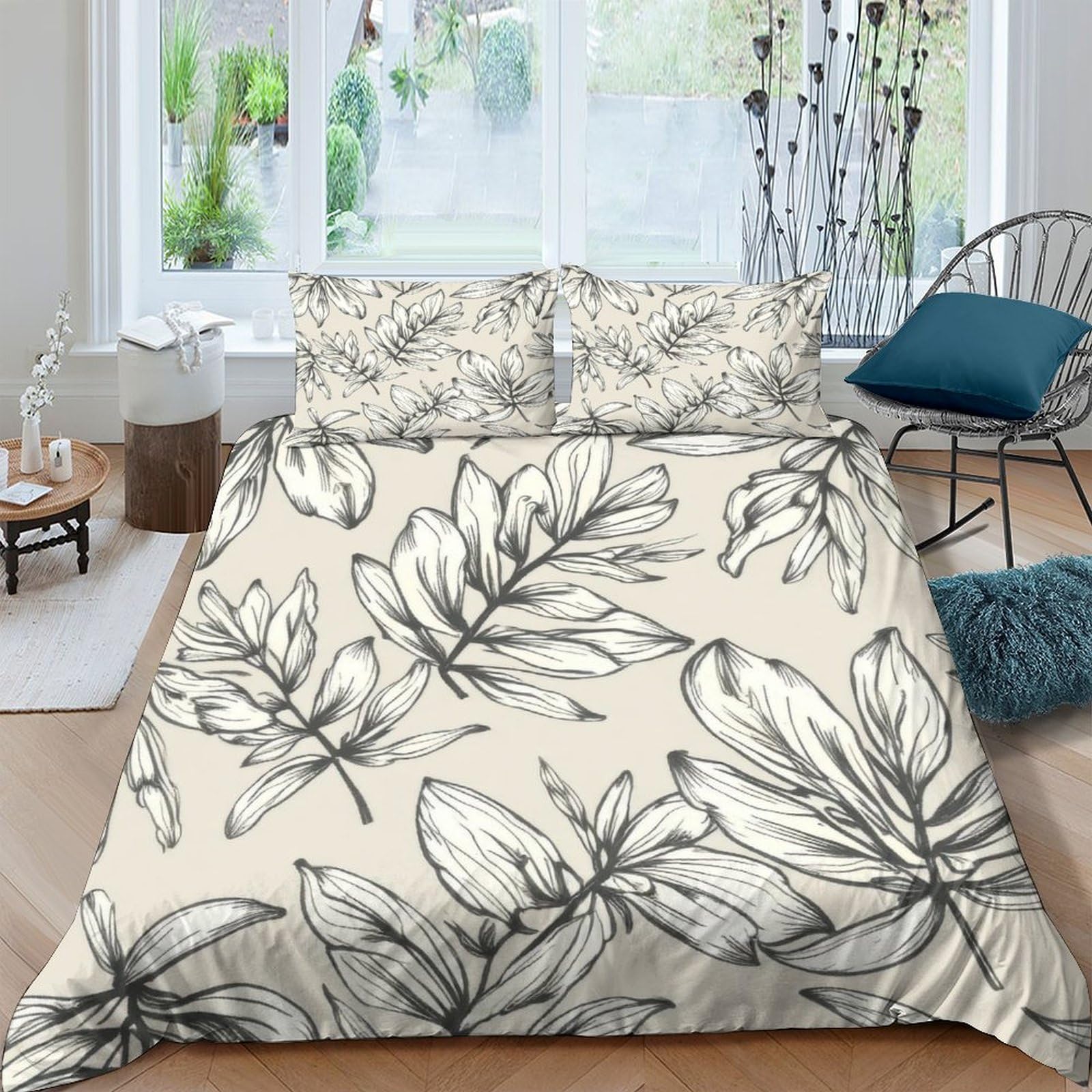 TUFRTGYHN 3D Printed Botanical Leaf Duvet Cover Microfiber Soft Breathable Floral Bedding Set with 2 Pillowcases for Bedroom Decor Single（135x200cm）