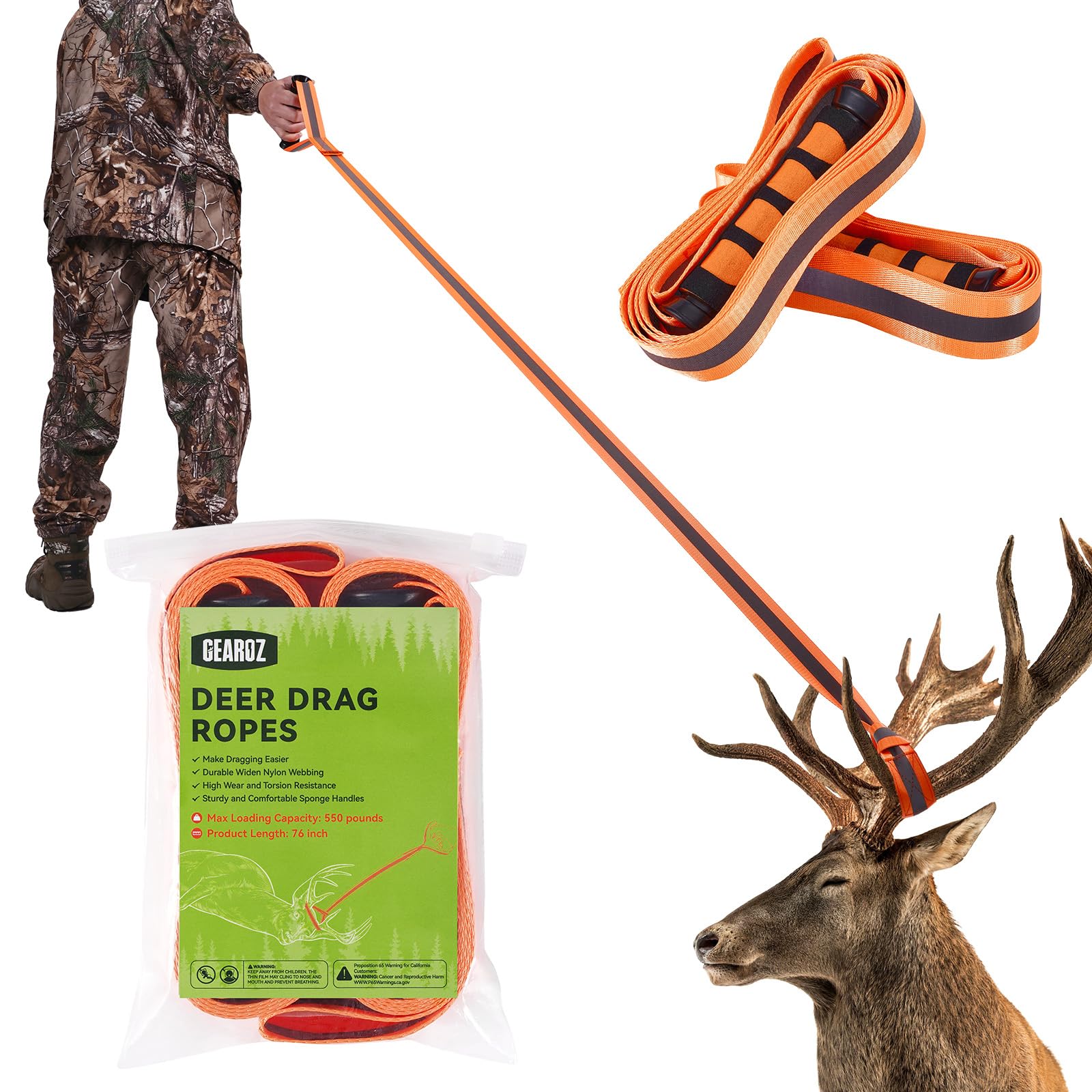 Deer Drag Ropes with Harness, 2PCS Durable Deer Hunting Pull Strap 76" Reflective Orange Strap with Sturdy Handle, Easy to Use Deer Hunting Gift for Hunter/Men, Ideal Hunting Gear Accessories