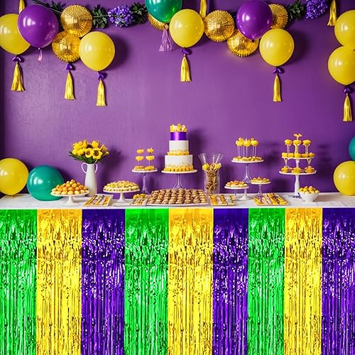 Miniatura 60 de Paquete de 2 faldas de mesa de oropel con flecos metálicos de 29.5 x 108 pulgadas para mesas rectangulares, falda de mesa de fiesta para bodas