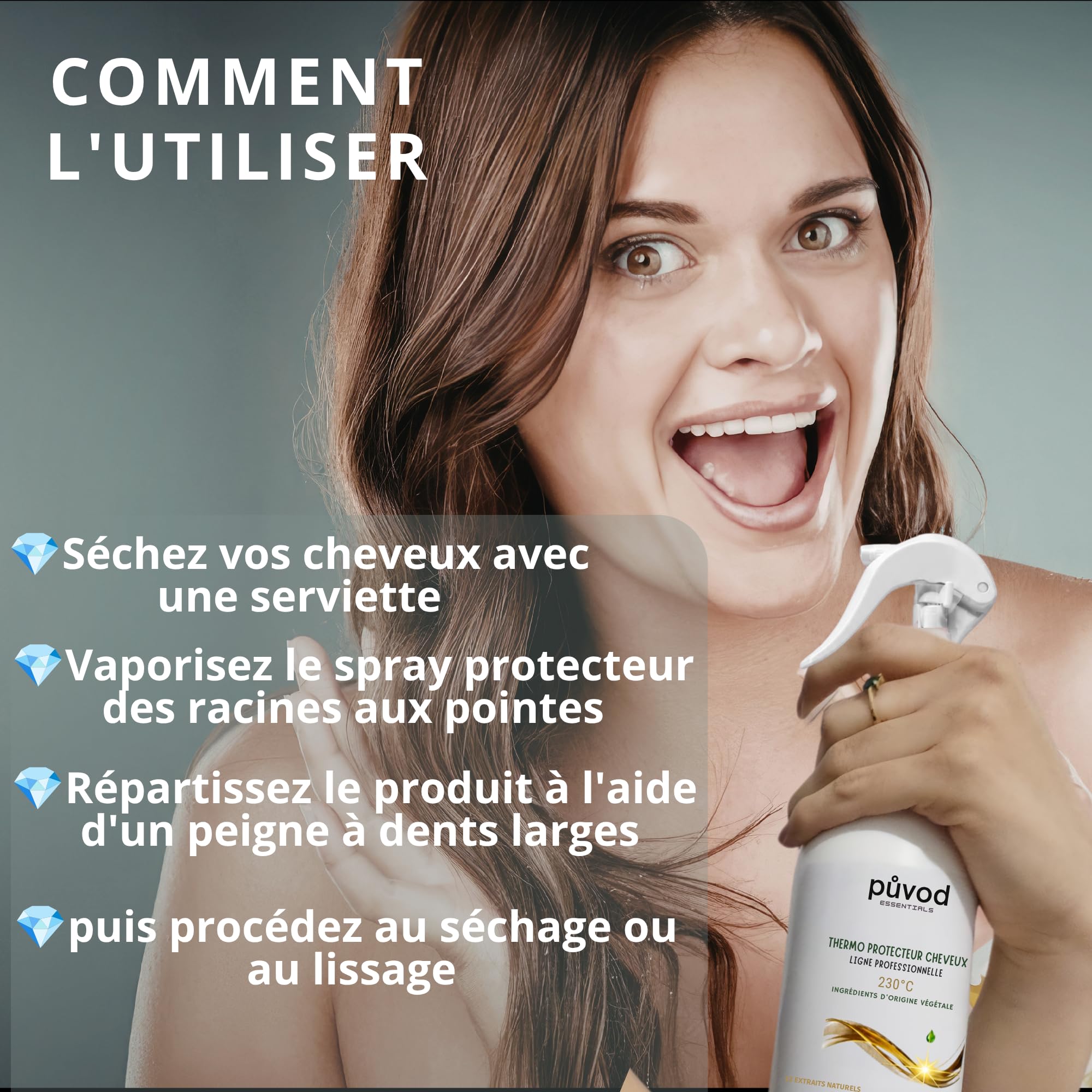 PUVOD Spray Thermo Protecteur Cheveux 300ml – Protection Chaleur 230°C – Réduit 82% Casse – Anti Frisottis Anti Humidité – Protection UV Sans Sulfate Sans Parabène – Soin Sans Rinçage Brushing Expert.