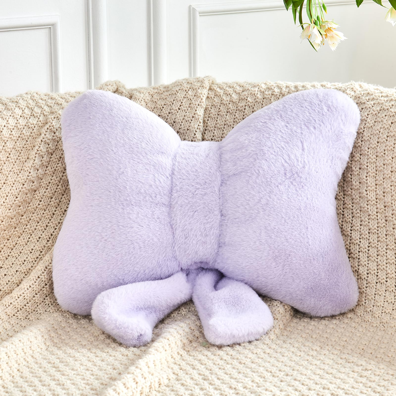 XVTRU Lavender Bow Pillow, Soft Bow Decorative Pillows with Faux Rabbit Fur, Cute 16" Bow Throw Pillows, Aesthetic Home Decor Bow Shaped Plush Pillow for Bedroom Sofa Couch