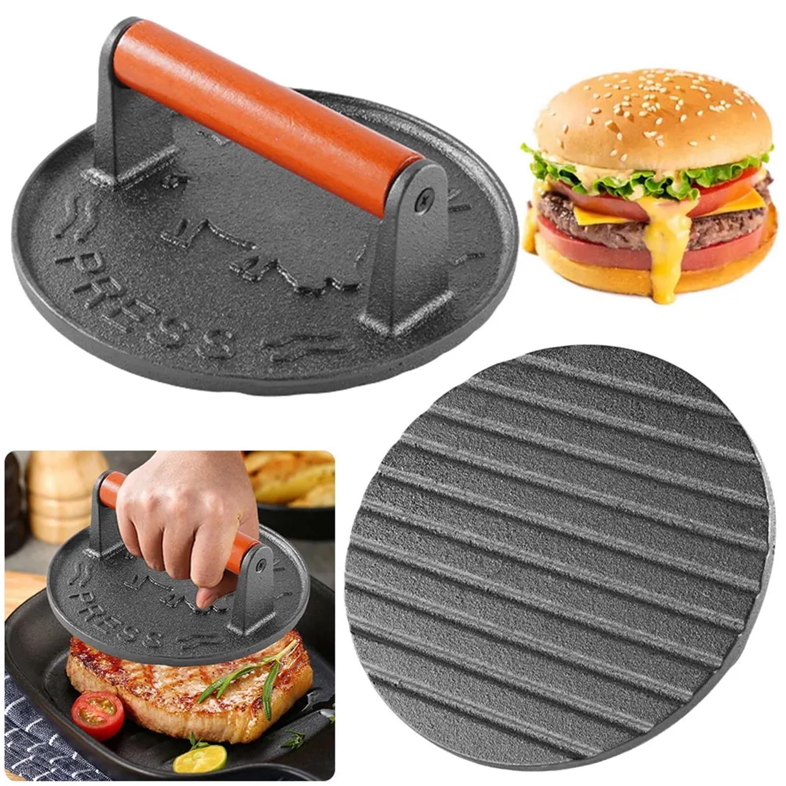 hamburgerpresse Burgerpresse aus Gusseisen, robuste Patty-Presse mit Holzgriff, Burgerfleischpresse, Form, Küchenhelfer und Zubehör