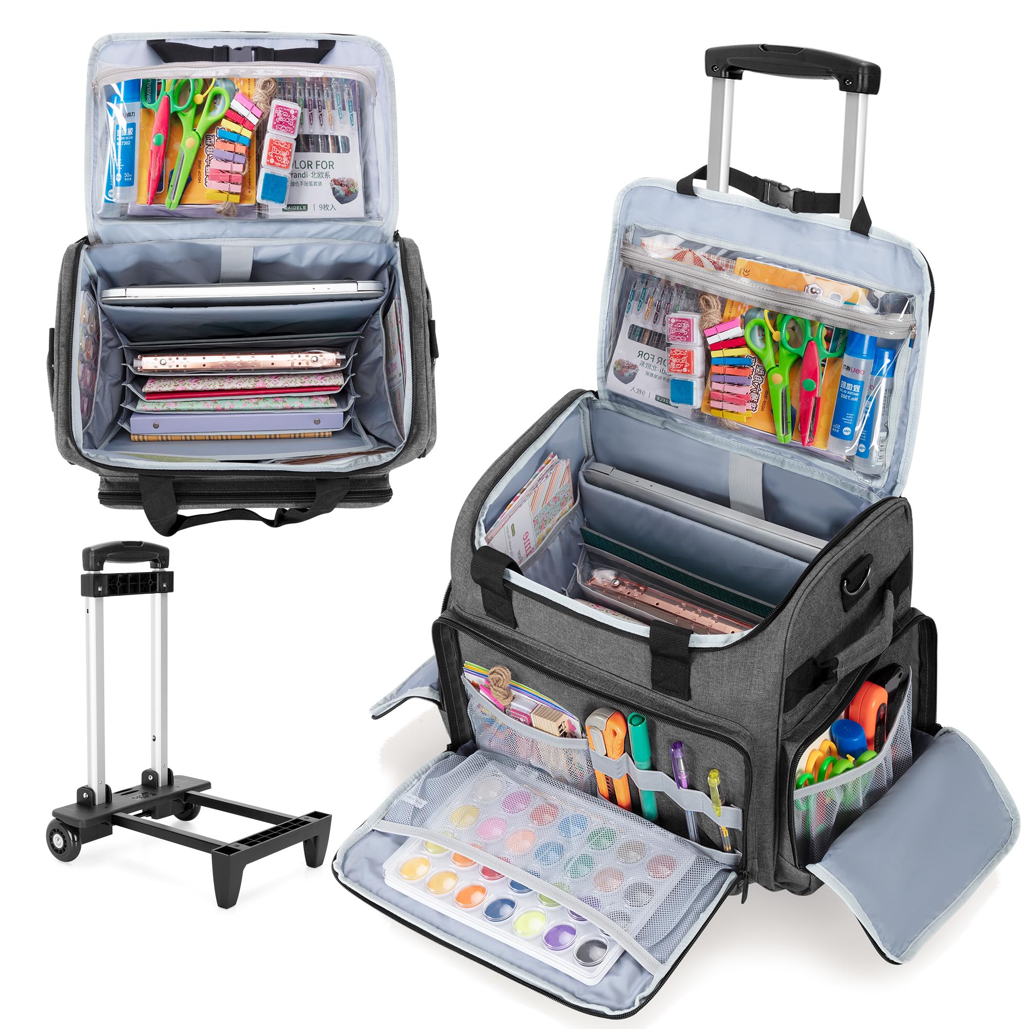 CURMIO Sac à roulettes pour Scrapbooking avec Poches Extensible, Gris | Valise à Roulettes Multifonctionnelle, pour Scrapbook/ Artisanales/ Couture/ DIY Materiel, Sac Vide