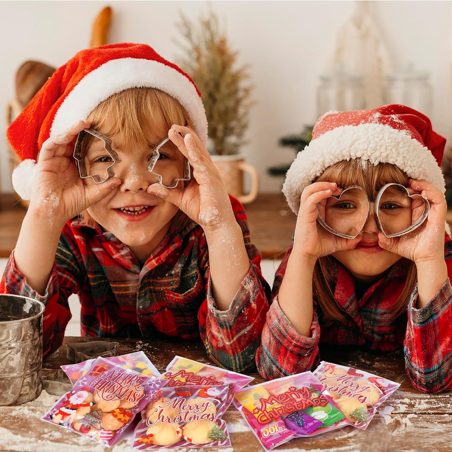 FamEaze Christmas Cellophane Bags, Self Adhesive,4 * 4 Inch,100PCS(4 Style) | Clear Christmas Cellophane Treat Bags for Party Favors Supplies