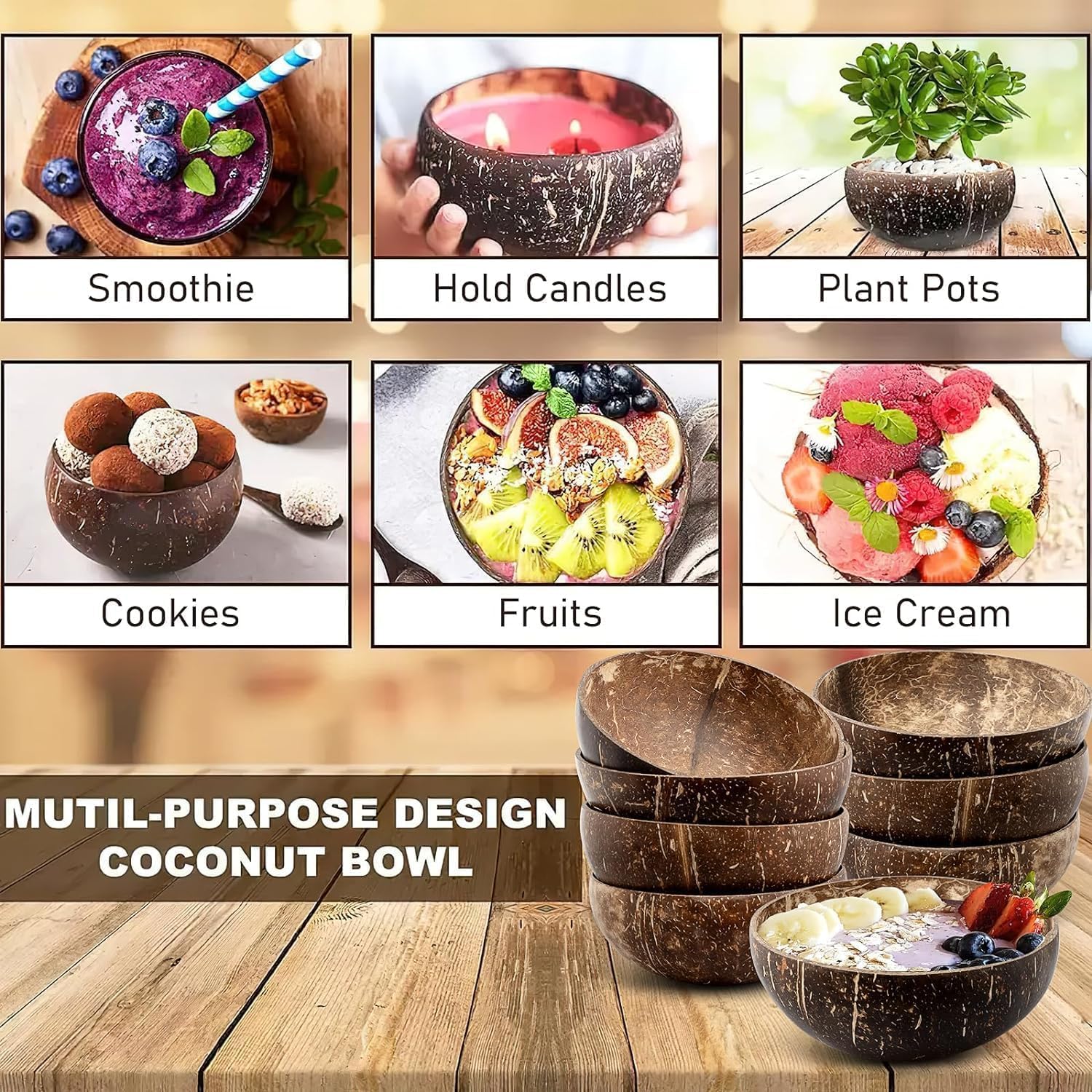Juego de 8 cuencos naturales de cáscara de coco, 450 ml/15 oz - Cuenco liso pulido para batidos, acai, ensaladas, buda Bowl, ideal para regalos veganos, decoración de cocina, servicio en fiestas