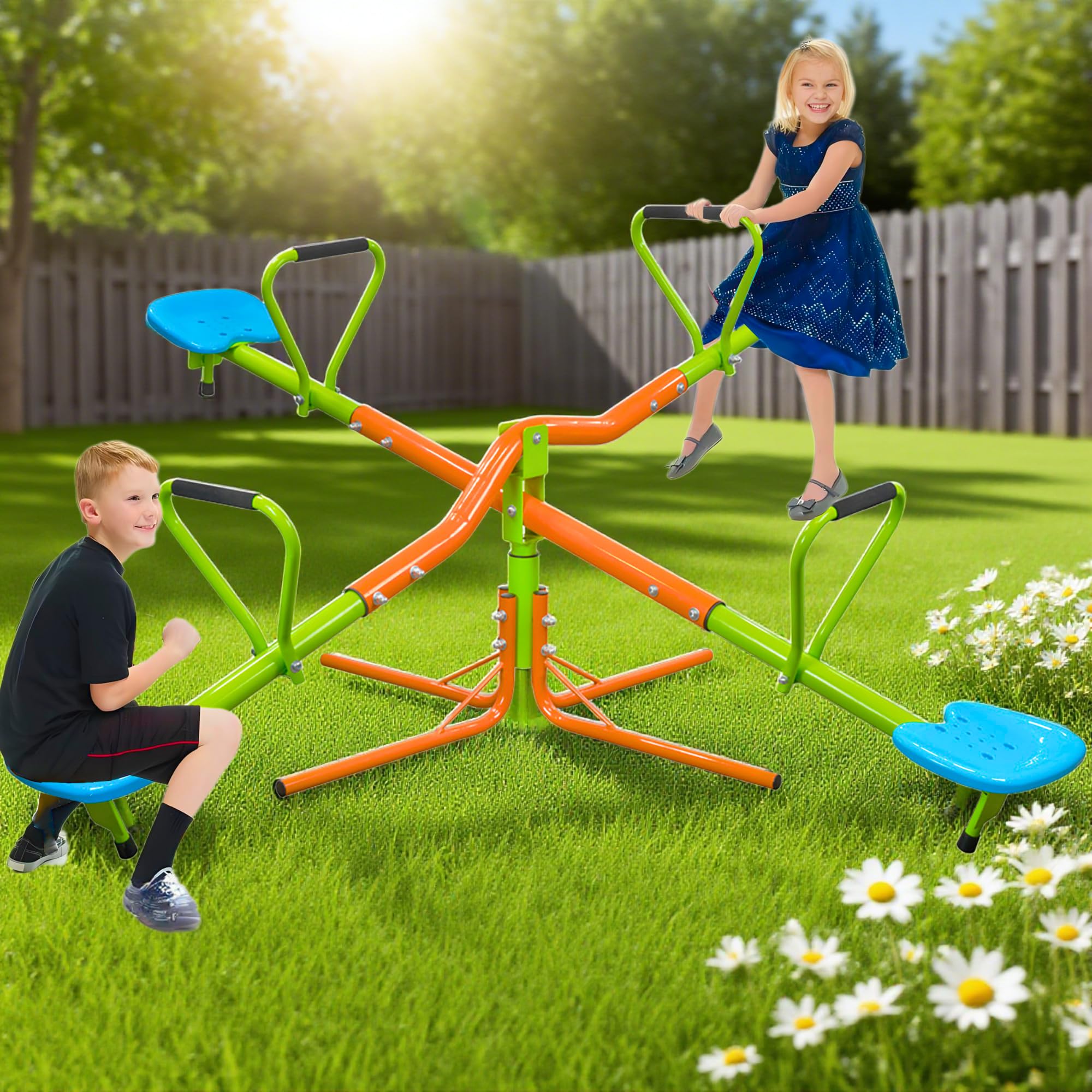 Gecheer Viersitzige Outdoor-Wippe für Kinder mit 360-Grad-Drehfunktion stabilen HDPE-Sitzen für Gärten, Spielplätze, Kindergärten Familienfeiern - robuste Stahlkonstruktion für Kinder ab 3 Jahren
