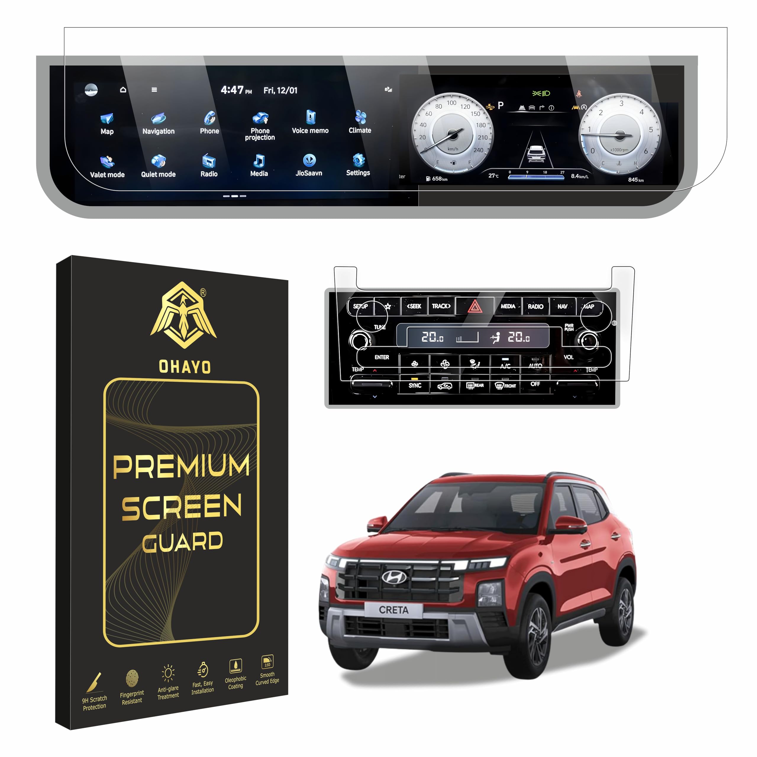 OHAYO 2 Pack Screen Protector for Hyundai Creta 2026 (2024–Present) | 10.25 Inch Dual Infotainment & Instrument Cluster + AC Console Protection | Compatible with SX, SX(O), SX Tech, SX Premium | 9H Hardness Military Strength, Scratch Resistant, Anti Fingerprint, HD Clear, Bubble-Free Car Display Protection Film-image-38