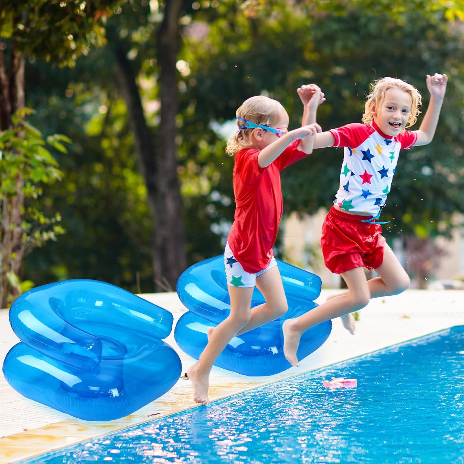 Condition photo showing New/Like New for 4 pcs 28 inch kids inflatable chairs blow up chairs inflatable furniture novelty blow up couch seat waterproof pvc air sofa couch for kids beach 90s party camping, picnics party supplies blue