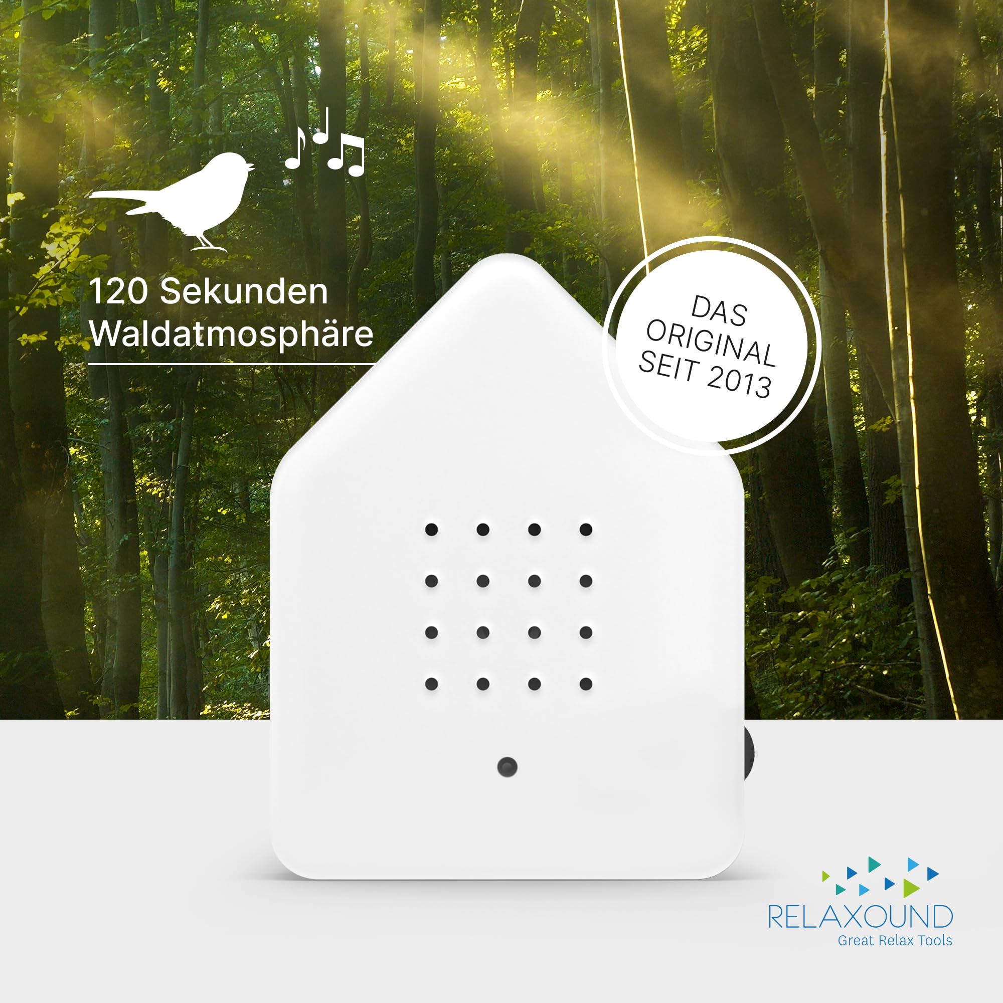 RELAXOUND ORIGINAL Zwitscherbox "White" – Moderne Vogelgezwitscher Box – Entspannender Vogelgesang – Bewegungsmelder mit Sound – Naturgeräusche Soundbox