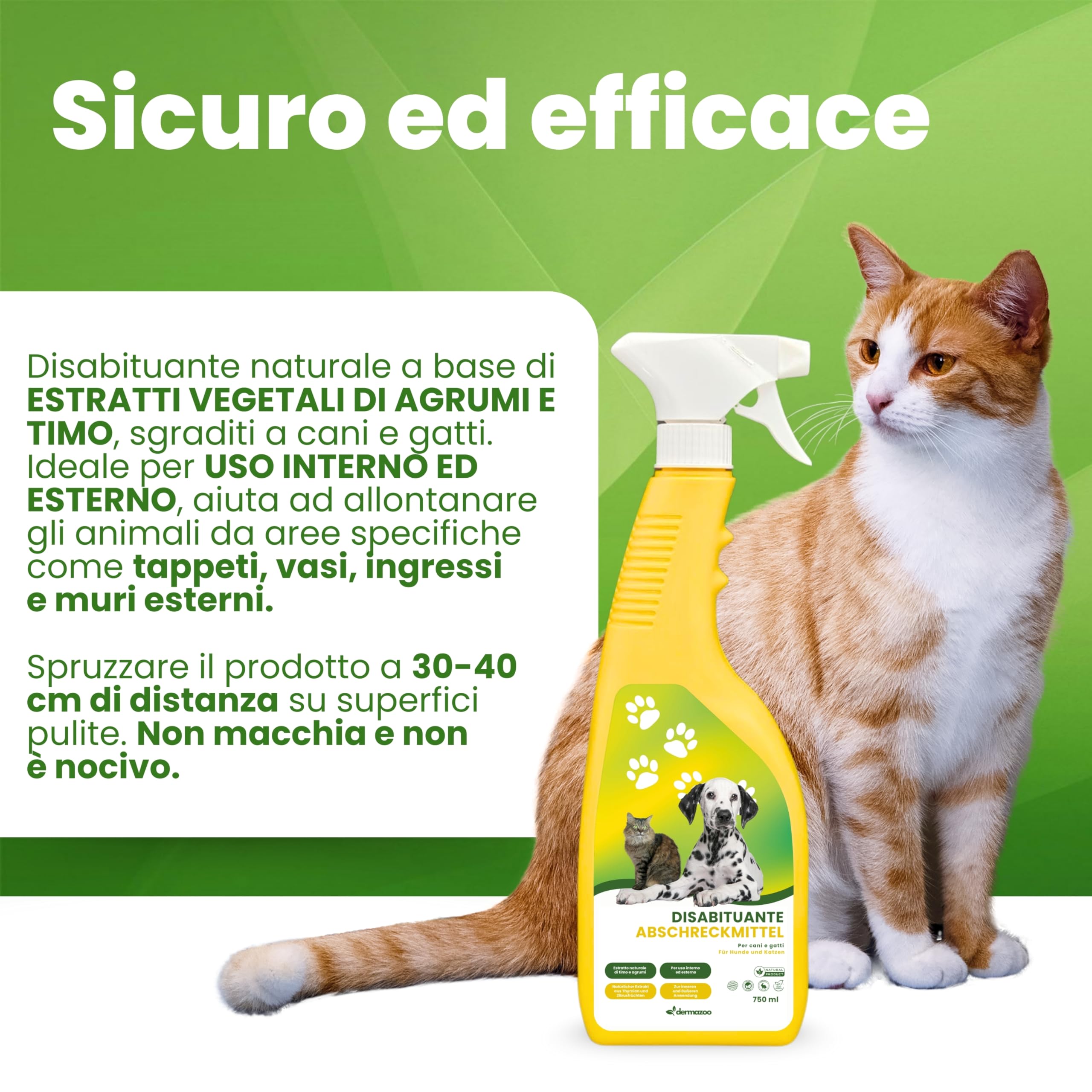 Dermazoo Spray Repellente per Gatti da Esterno e Interno 750ml, Disabituante Gatti, Disabituante per Cani, Spray Addestrativo Anti Pipi Cani, Casa e Giardino