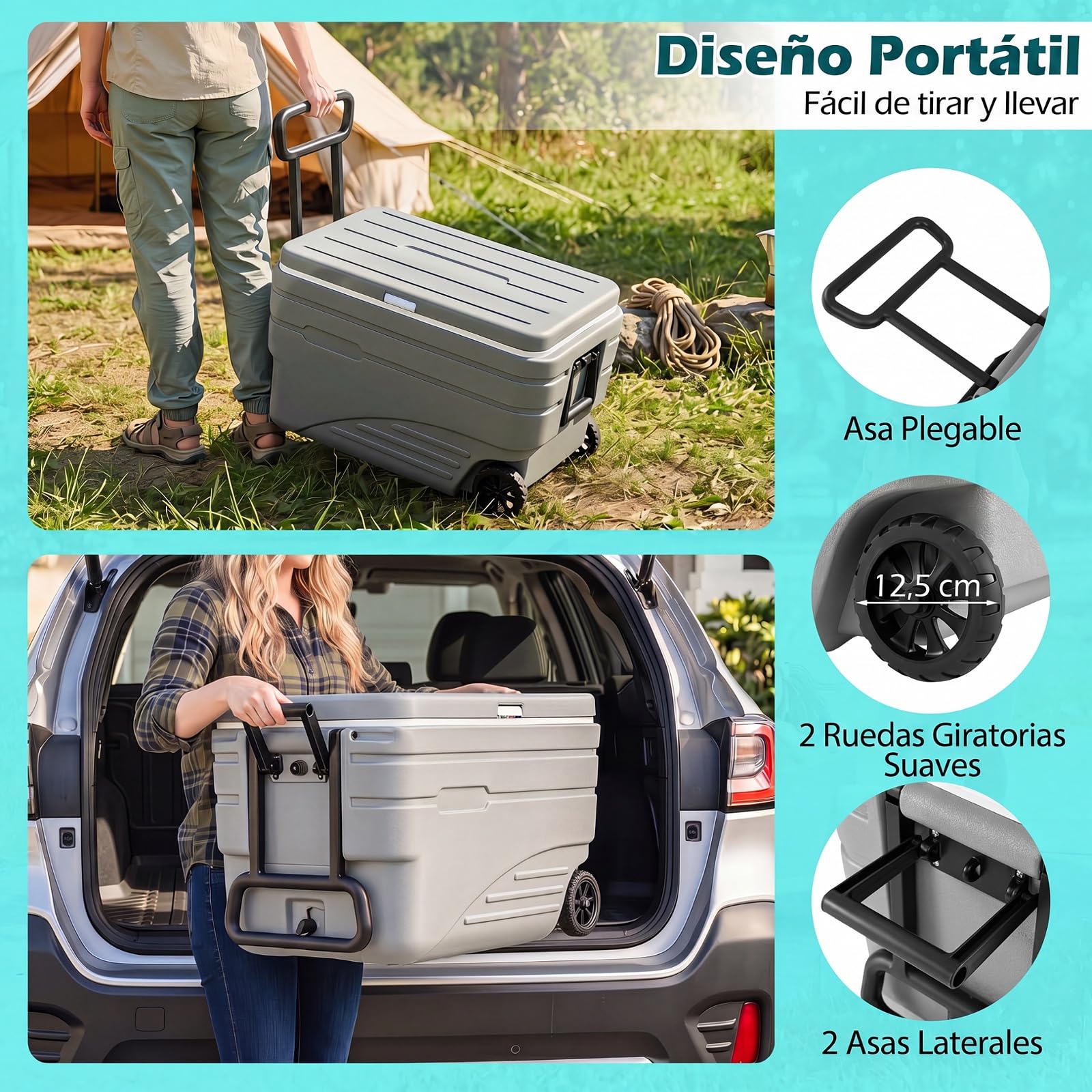 COSTWAY Nevera Portátil Rígida, Nevera Térmica de Gran Capacidad con Ruedas, Mango Plegable, 2 Asas Laterales, Hielera de Alto Rendimiento 5-7 Días para Camping Pesca Playa