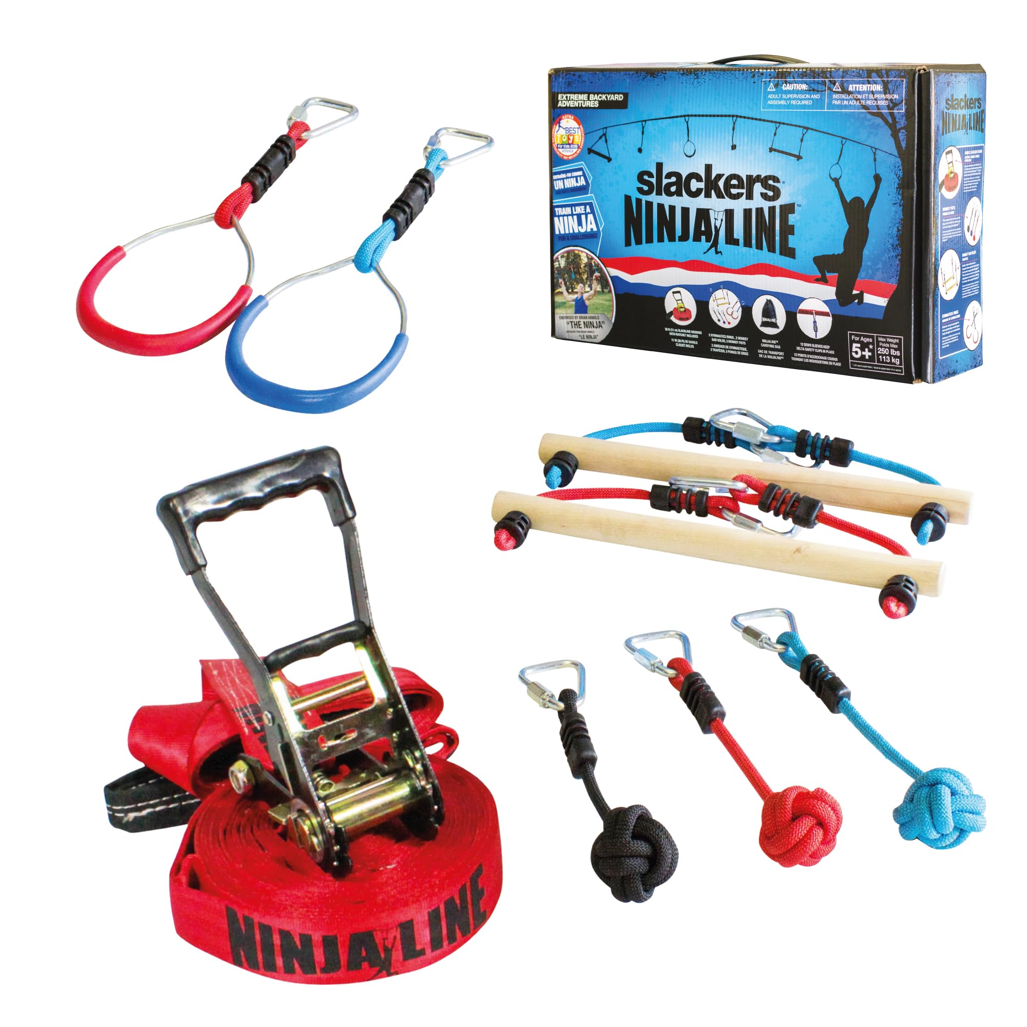 Slackers USA Ninja Line Starter Set, Excellent Complete Set of 11 Pieces, Usable as Slackline, Course of 11 meters, 7 Obstacles, Train as a Ninja, 980020