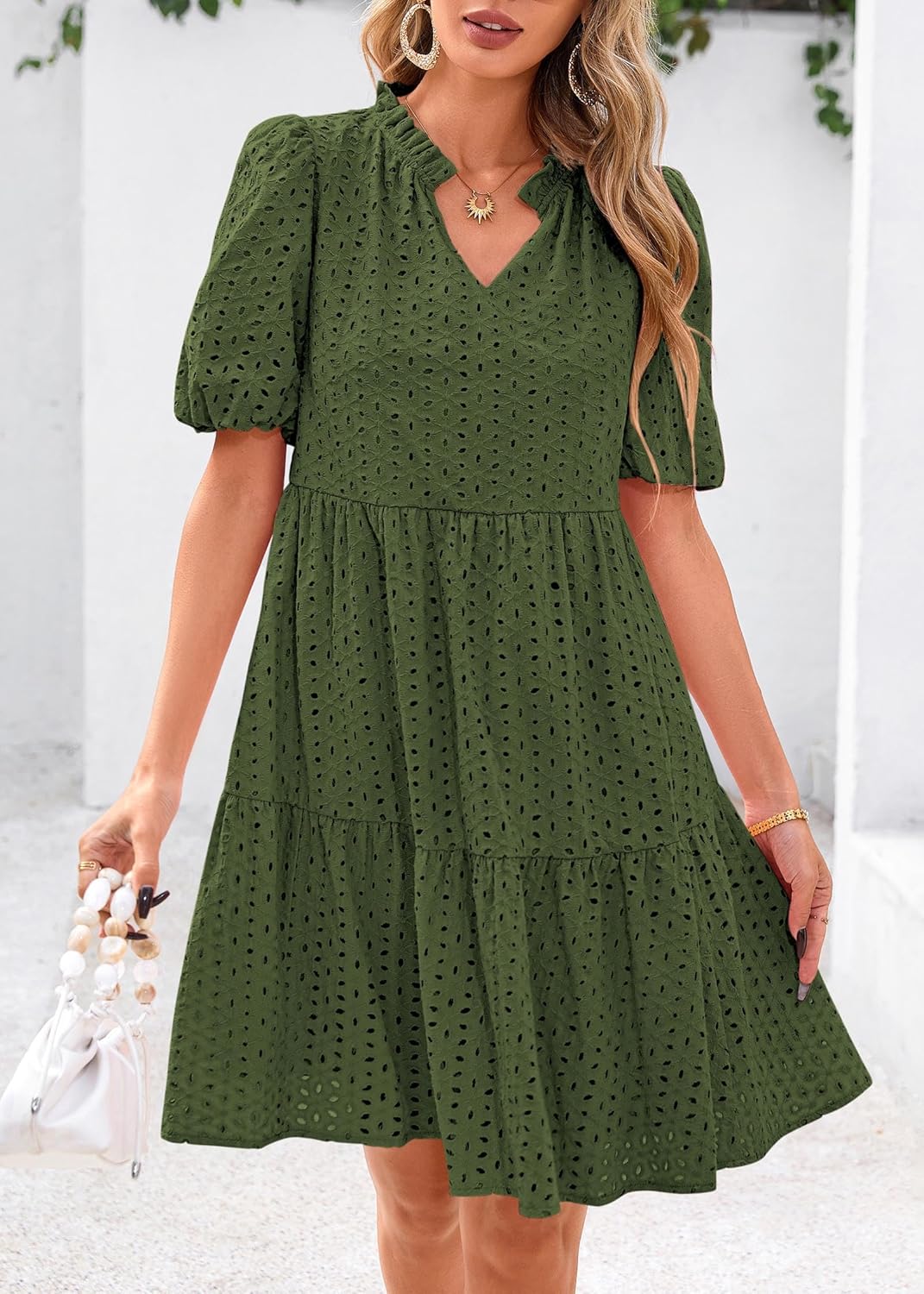 KIRUNDO Eyelet Summer Dresses for Women 2026 Mini Casual Hollow Out Short Sleeve Lace Tiered V Neck Shift Dress Pockets - Image 7