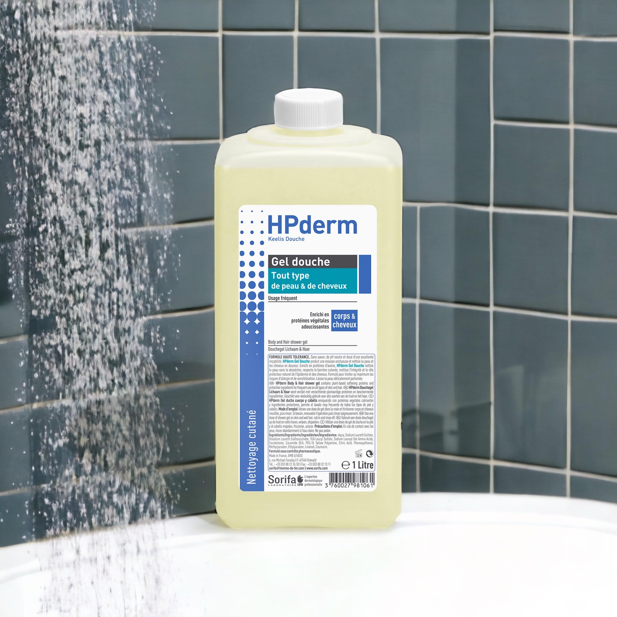 HPderm Żel pod prysznic 2 w 1 do ciała i włosów - Dermo-protective - Każdy rodzaj skóry i włosów - z białkami owsianymi - Częste stosowanie - pH neutralne, bez mydła - Butelka 1L