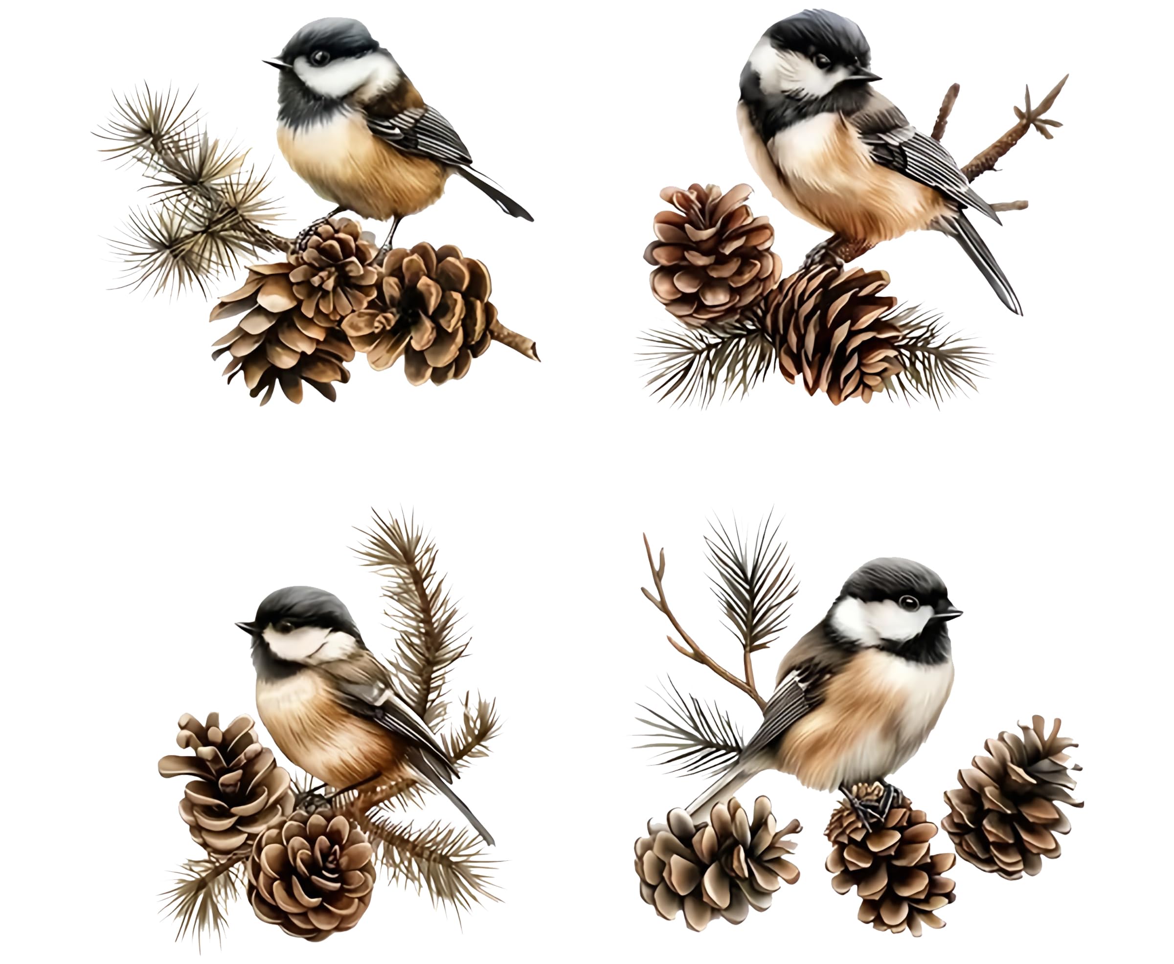Cute Chickadee Bird Pinecone Sticker Pack of 4 – 4 Inch Winter Bird Vinyl Decals – Pine Branch Forest Stickers for Laptop, Car, Windows, Tumblers,