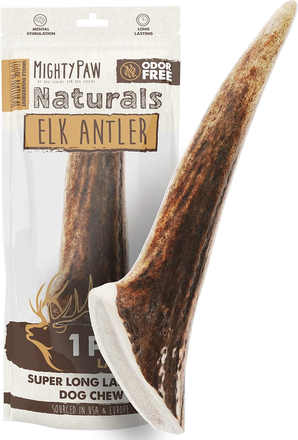 Mighty Paw Elk Antlers for Dogs Large Size 8'' Ounce (Pack of