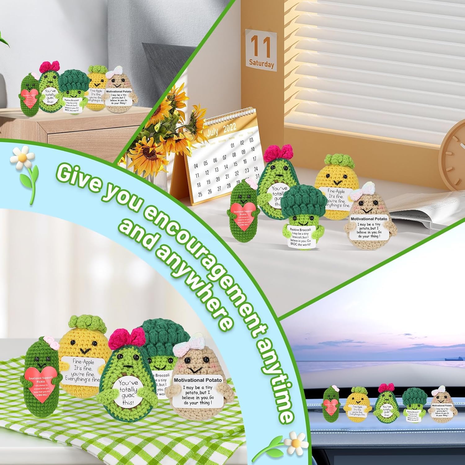 10 Pcs Handmade Positive Crochet Dolls Set, Encouragement Support Fruit & Vegetable Figures with Uplifting Cards - Image 6