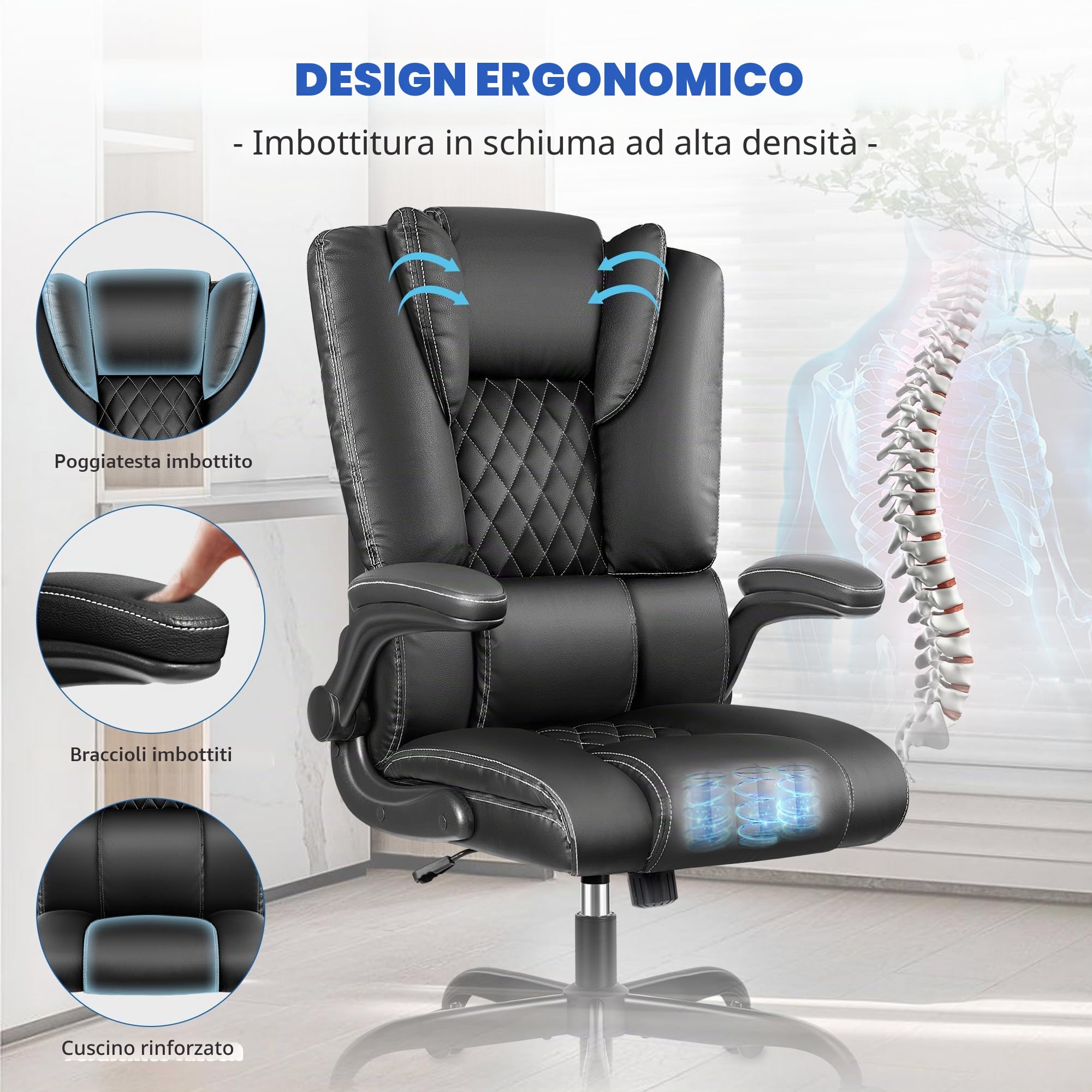 sedia ufficio ergonomica, sedia ufficio direzionale con schienale regolabile e braccioli pieghevoli, sedia scrivania con schienale alto, rotazione a 360º e supporto lombare, nero
