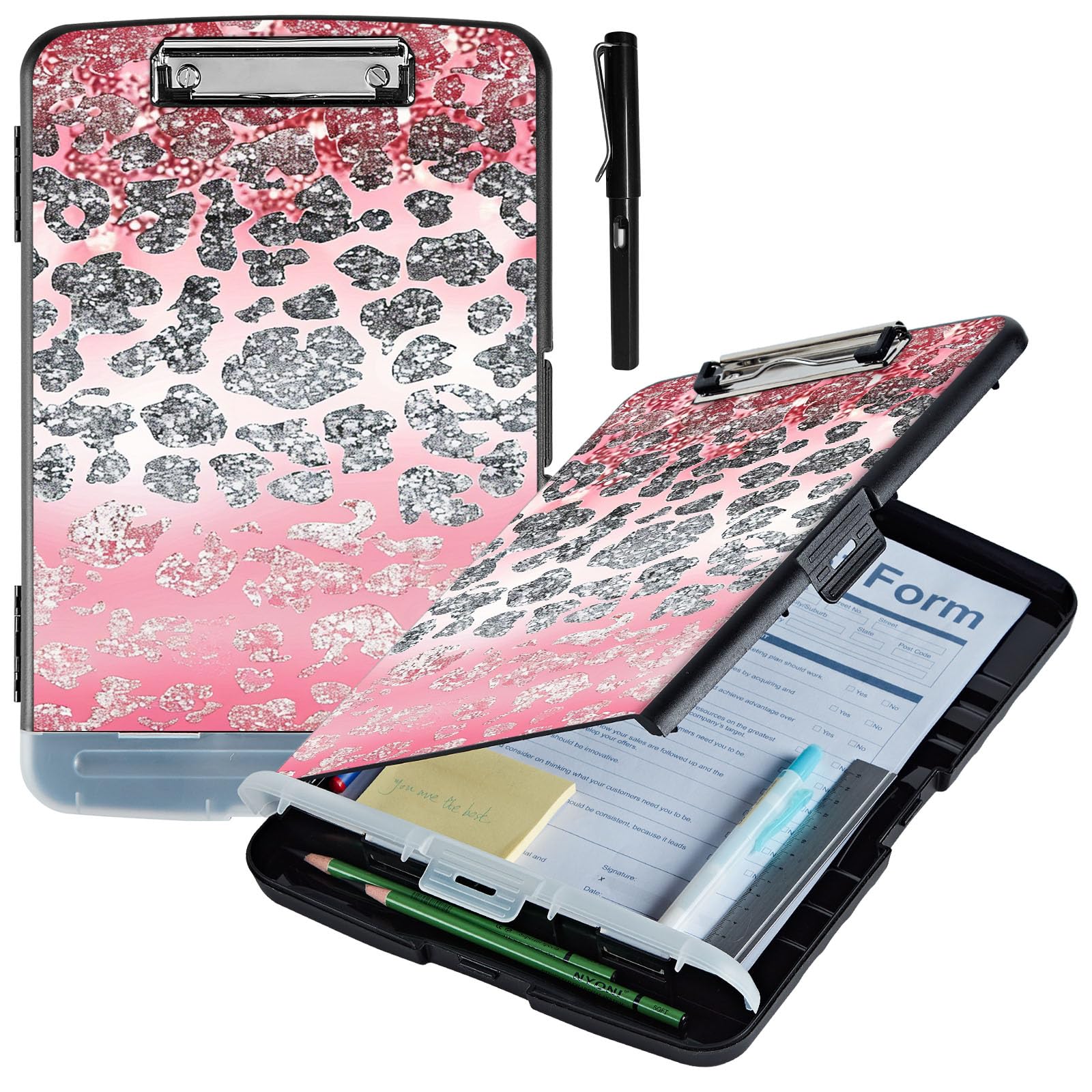 ACWDMKH Clipboard with Storage,Plastic Storage Clipboard with Low Profile Clip,Heavy Duty High Capacity Clip Boards with Pen Holder & Pencil,Teacher Must Haves,Office Supplies,Glitter Pink Cheetah — image 1