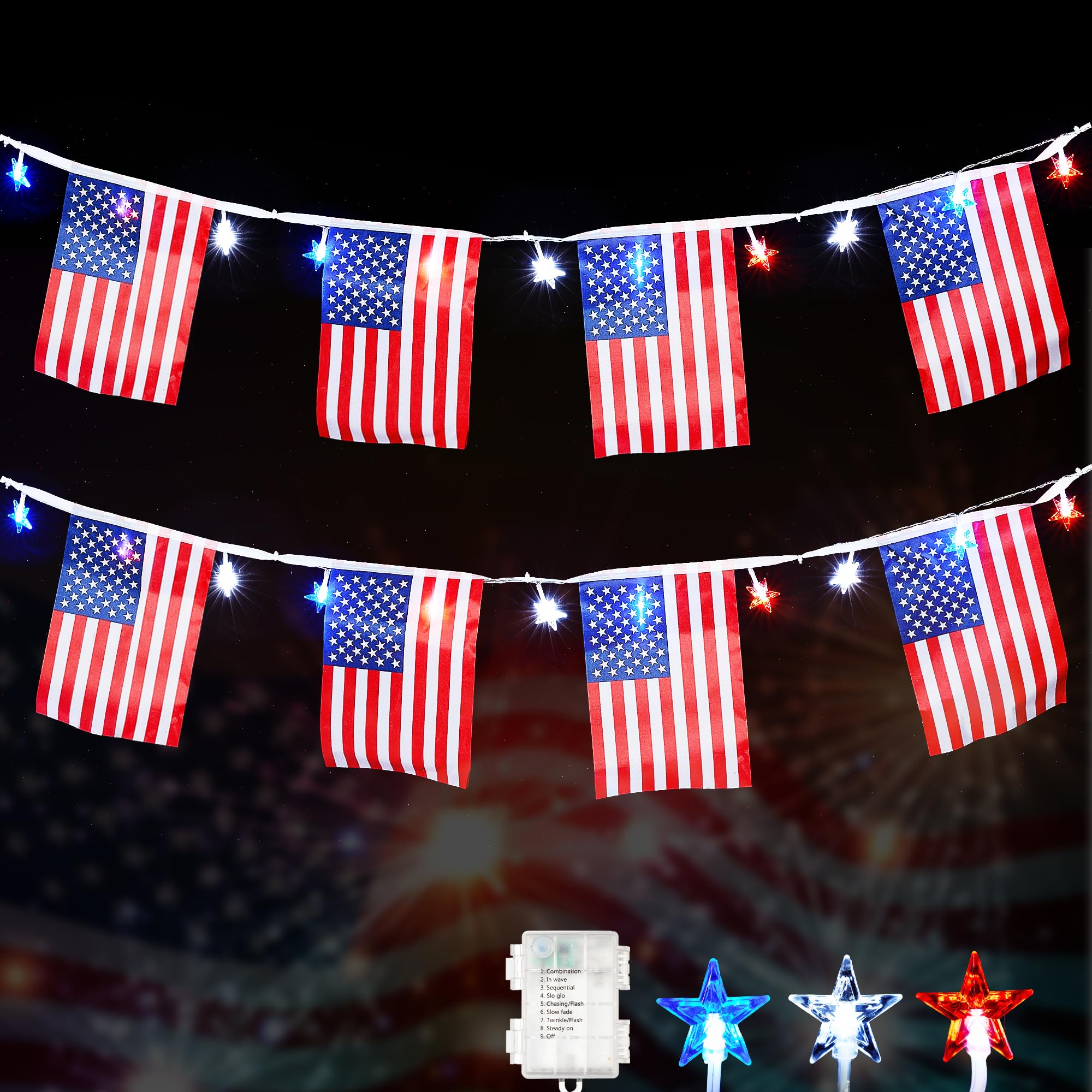 WBao 4th of July Decorations 16.4ft Patriotic String Lights with 20 American Flags & 50 LED Red White Blue Stars, Waterproof Battery Operated Star Lights with 8 Modes, Timer for 4th of July Decor