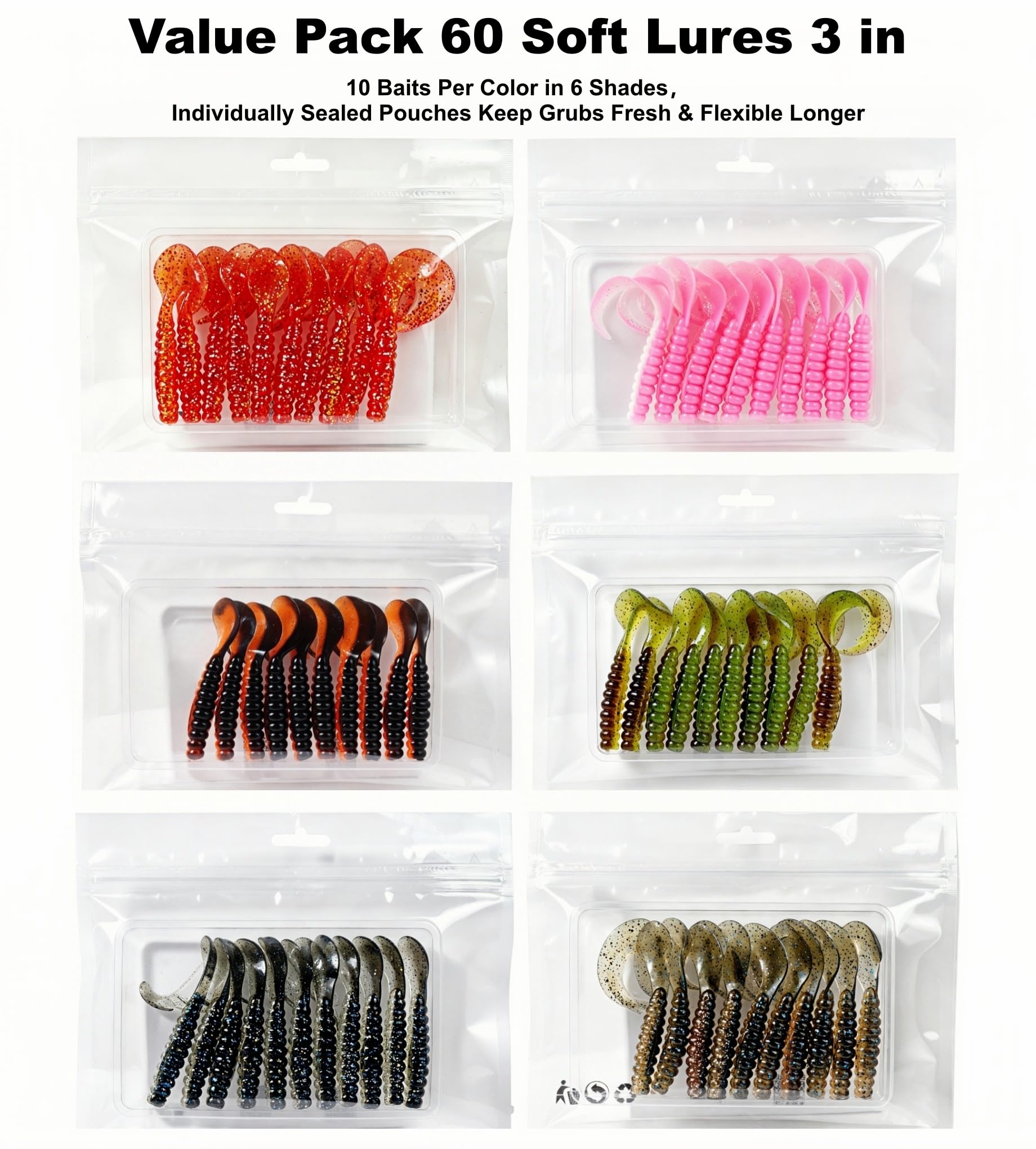Lot de 90 leurres de pêche souples à queue bouclée de qualité supérieure - Assortiment de 6 couleurs pour bar, truite, crappie Bluegill - Disponible en 5,6 cm (90 pièces) / 7,6 cm (60 pièces) - Appâts