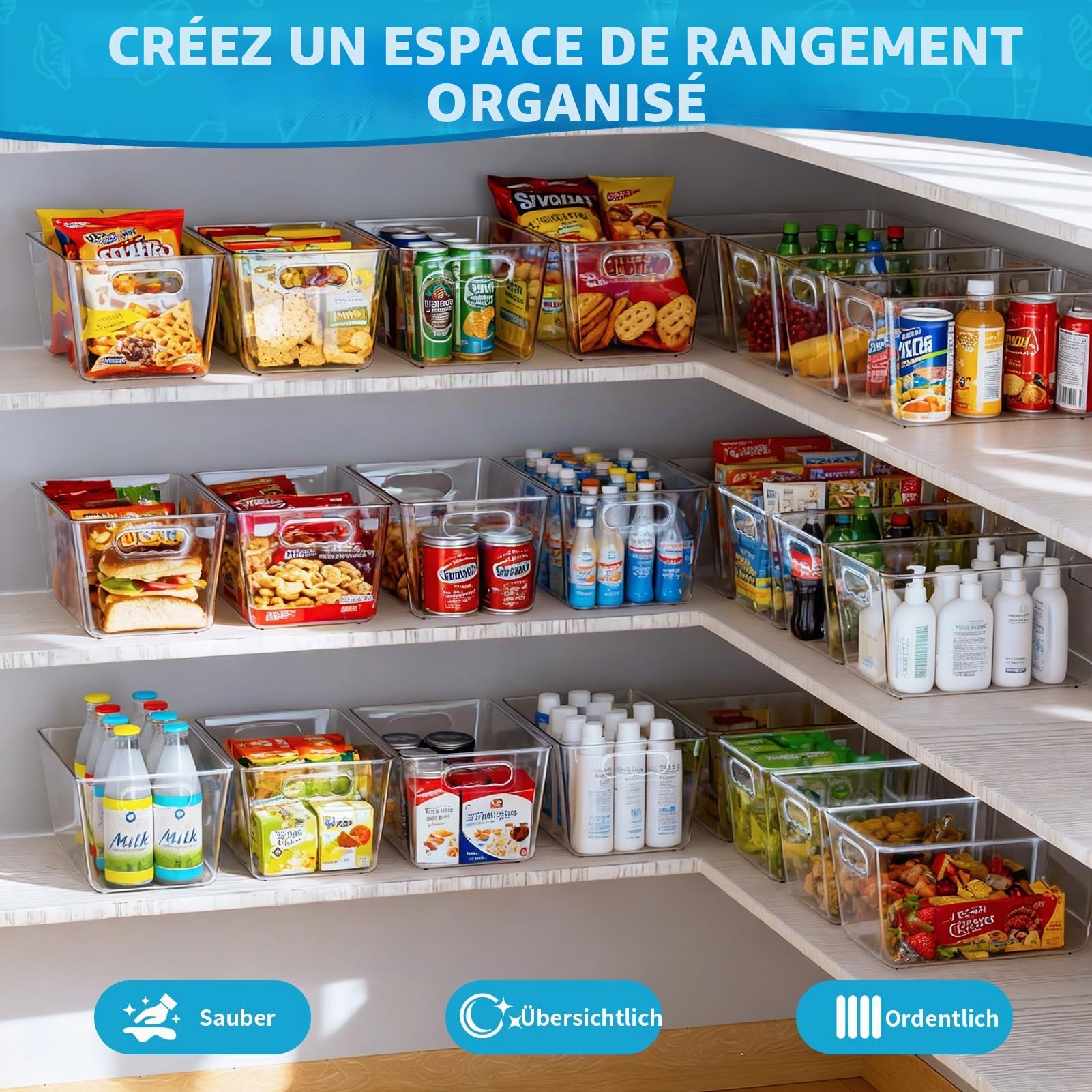 Organisateur Frigo, Rangement Frigo Transparent, Organisateurs Ménagers Indispensables Adaptés aux Cuisines, Placards et Réfrigérateurs (Lot de 4, L(30x20x15CM))