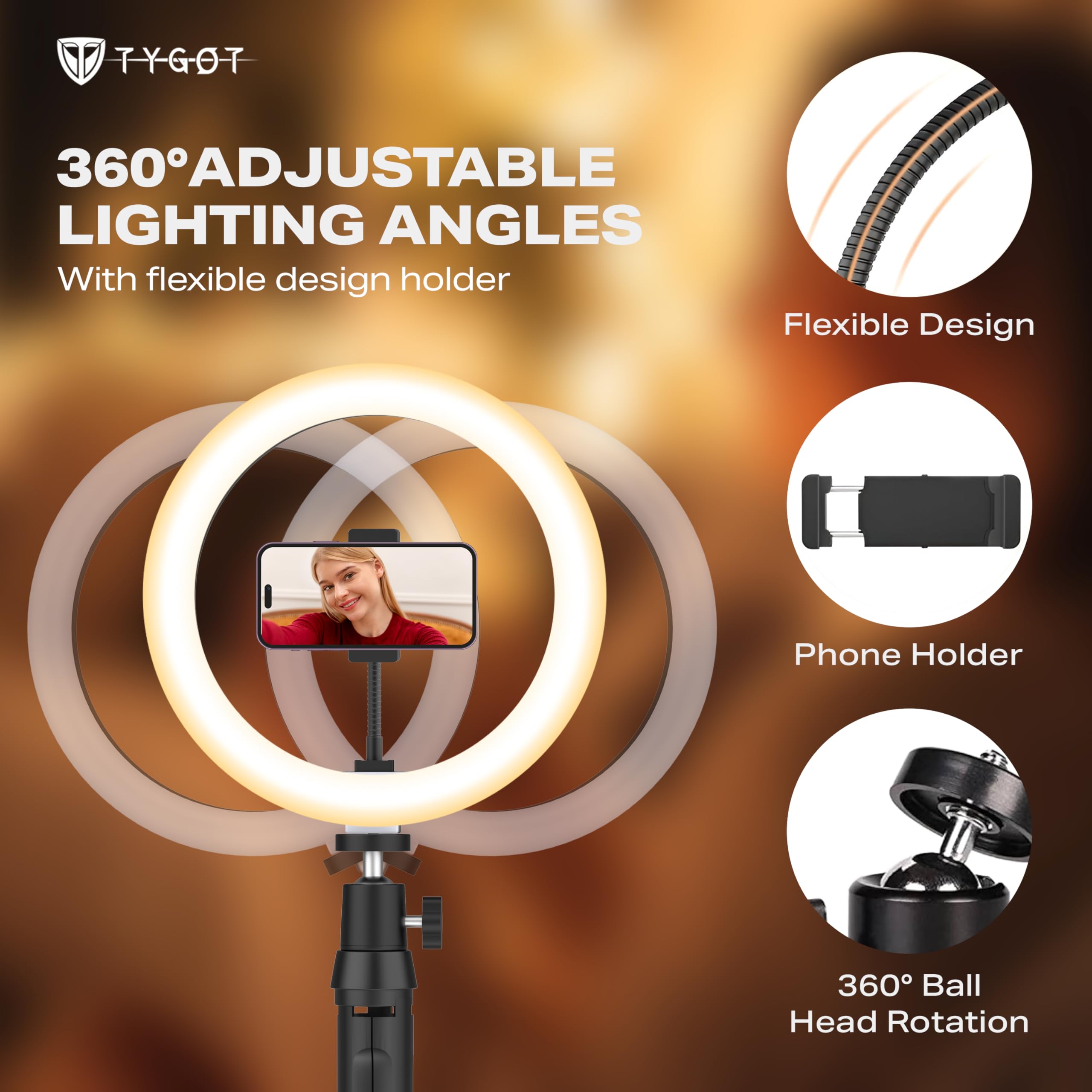Tygot 10 Inches Ring Light with Tripod & USB, 3 Color Modes & 10 Brightness Levels, 360° Rotation Ring Light for Vlogging, Makeup, YouTube, Photoshoots, Live Streaming & Studio Lighting — Amazon image 3
