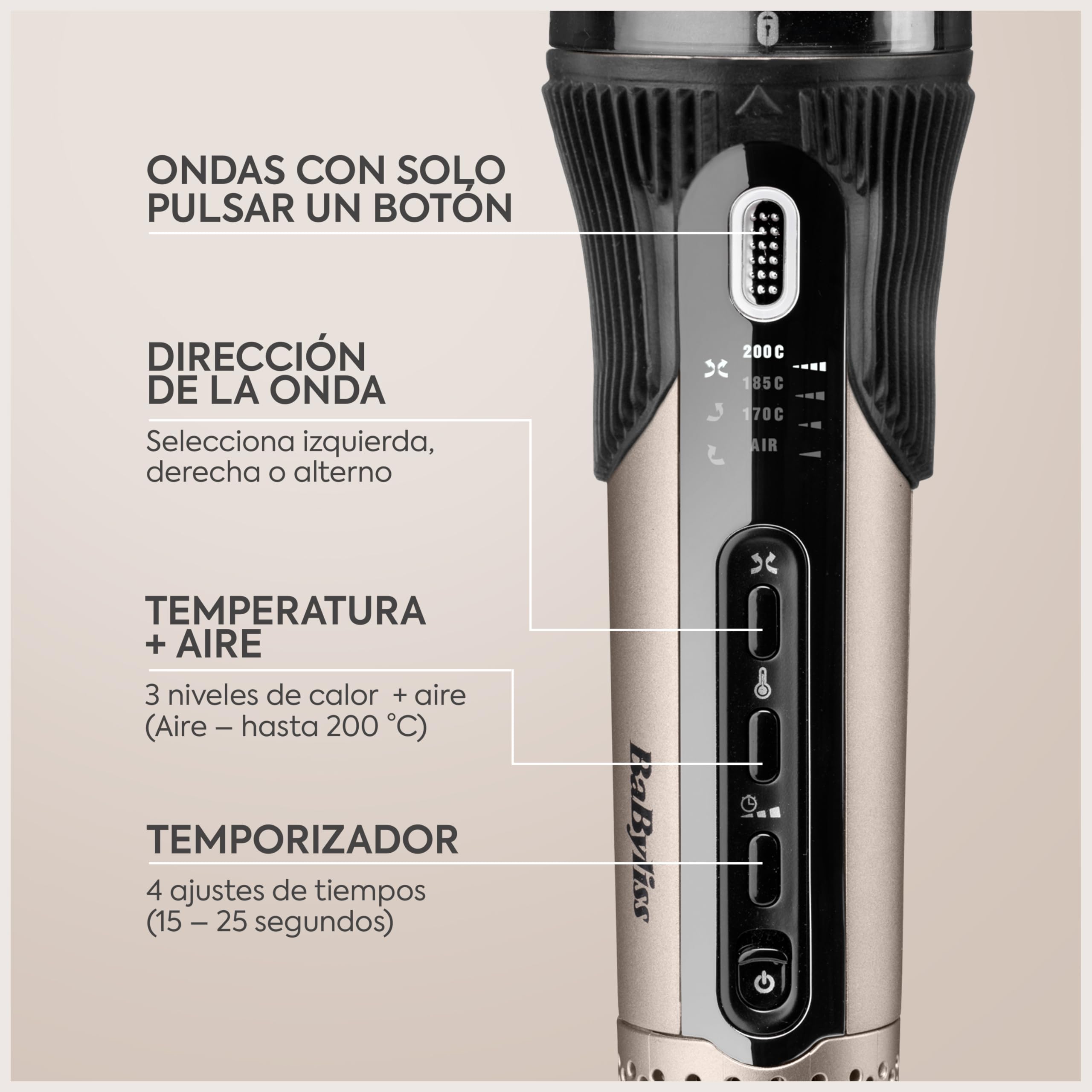 BaByliss Style Secret Air Moldeador Automático – Tenacilla 25 mm, Opción calor o aire, 48 opciones de peinados (rizos, ondas o movimiento), Cabello corto y largo, Rizador fácil de usar, C6686E