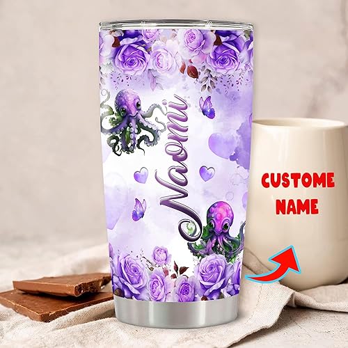 Miniatura 2 de Dorris Vaso de pulpo personalizado aislado con tapa, nombre personalizado, taza de café de viaje morada, tazas térmicas, regalo novedoso para