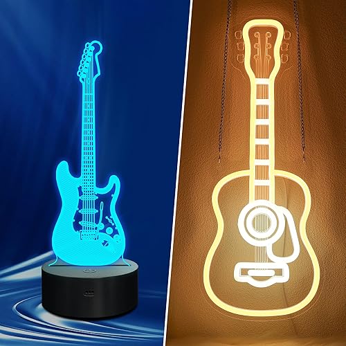 Miniatura 1 de Accesorios de guitarra, paquete de 2, luz nocturna de guitarra eléctrica 3D LED + regulable, letrero de pared acústico de neón, alimentado por USB,