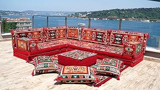 8" Thickness Red Corner Floor Seating Set, Pallet Cushion Set, Modular Design Floor Cushion, Garden Sofa Set, Indoor Sofa Set, Arabic Sofa Set (L Sofa + Rug + Ottoman)