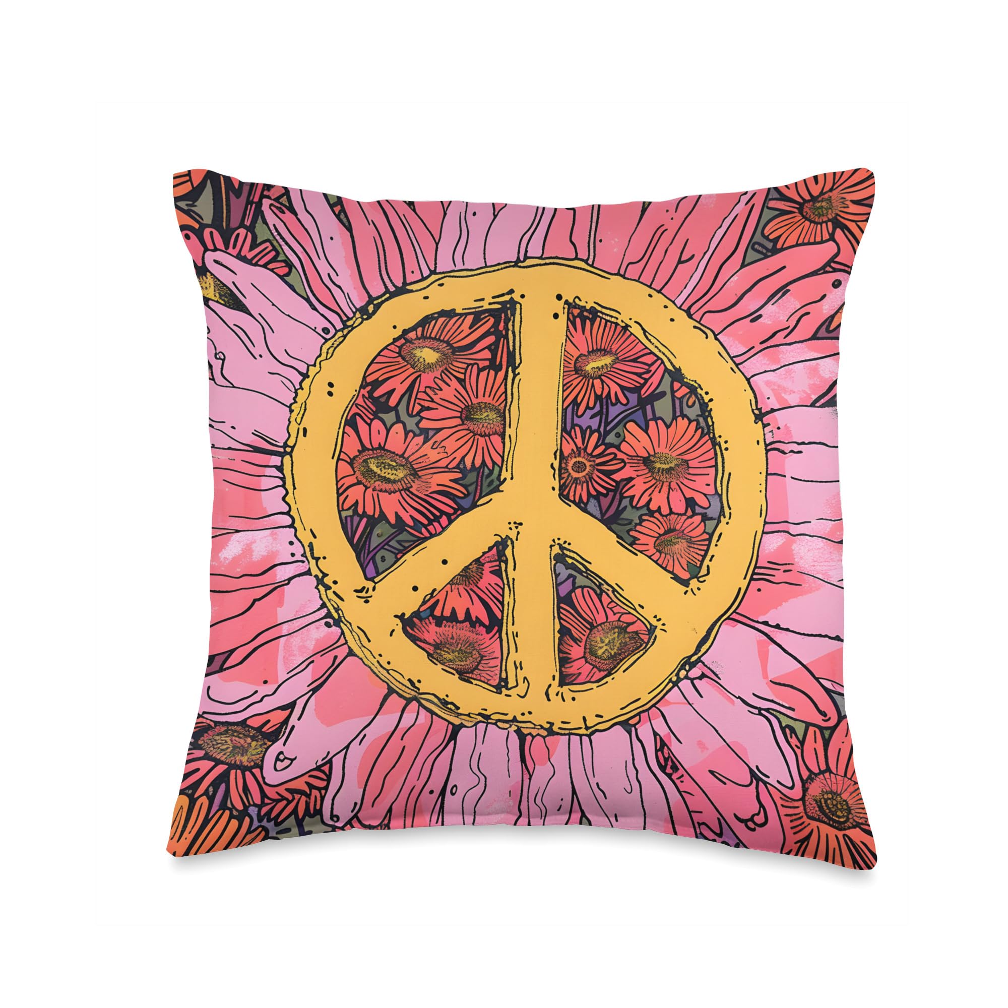 70s Floral Statice Flower Retro Peace Sign Throw Pillow