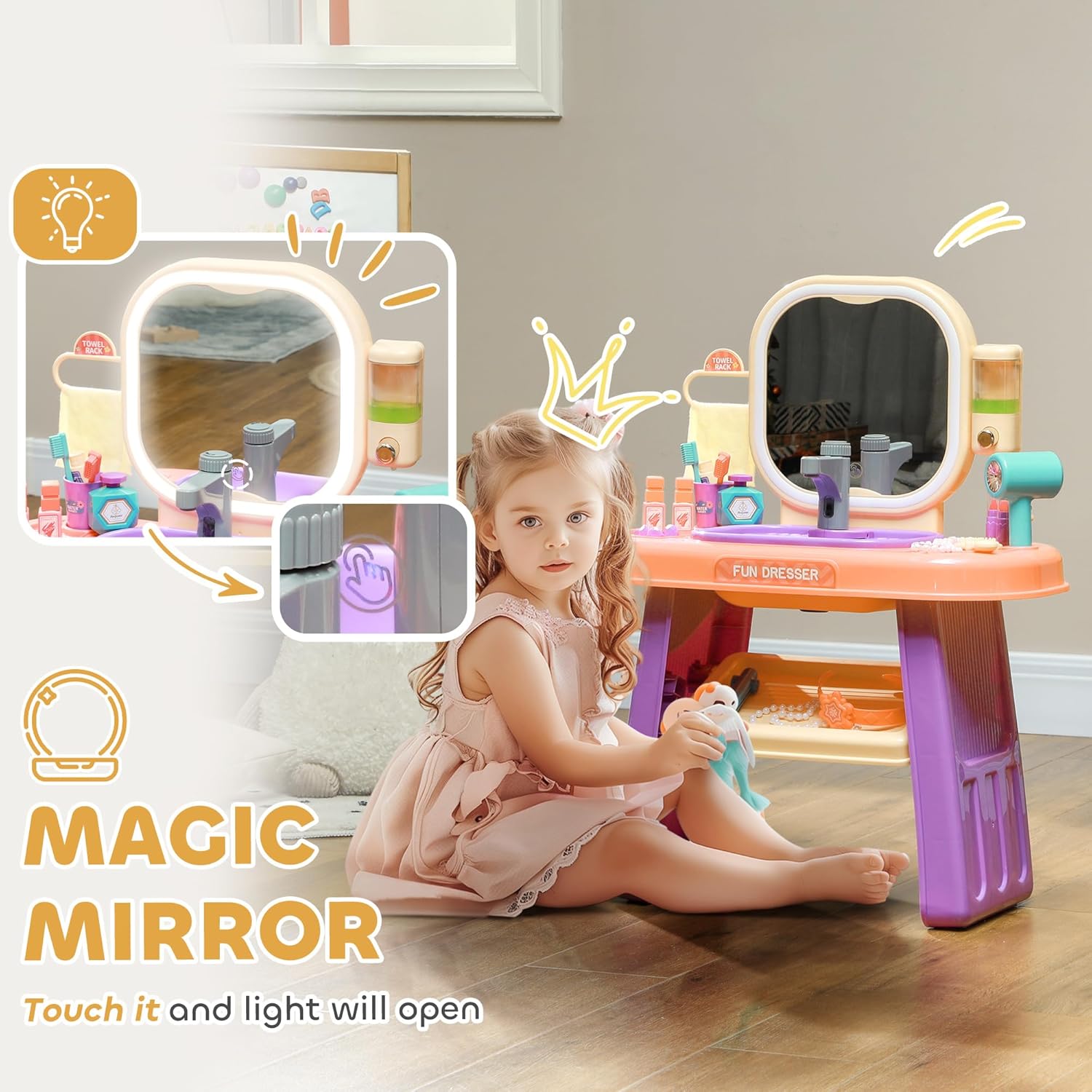 Qaba Kids Vanity Set, Toddler Makeup Table with Faucet, Mirror, LED Light, Music, 23 Accessories, Pretend Play Set for Girls 3-6 Years, Purple