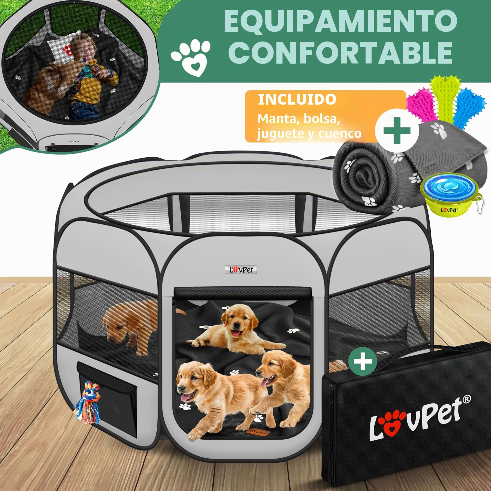 Lovpet® Parque Plegable para Cachorros y Gatos, Incluye comedero para Perros y Gatos, Tejido Oxford, Sistema desplegable para Interior y Exterior