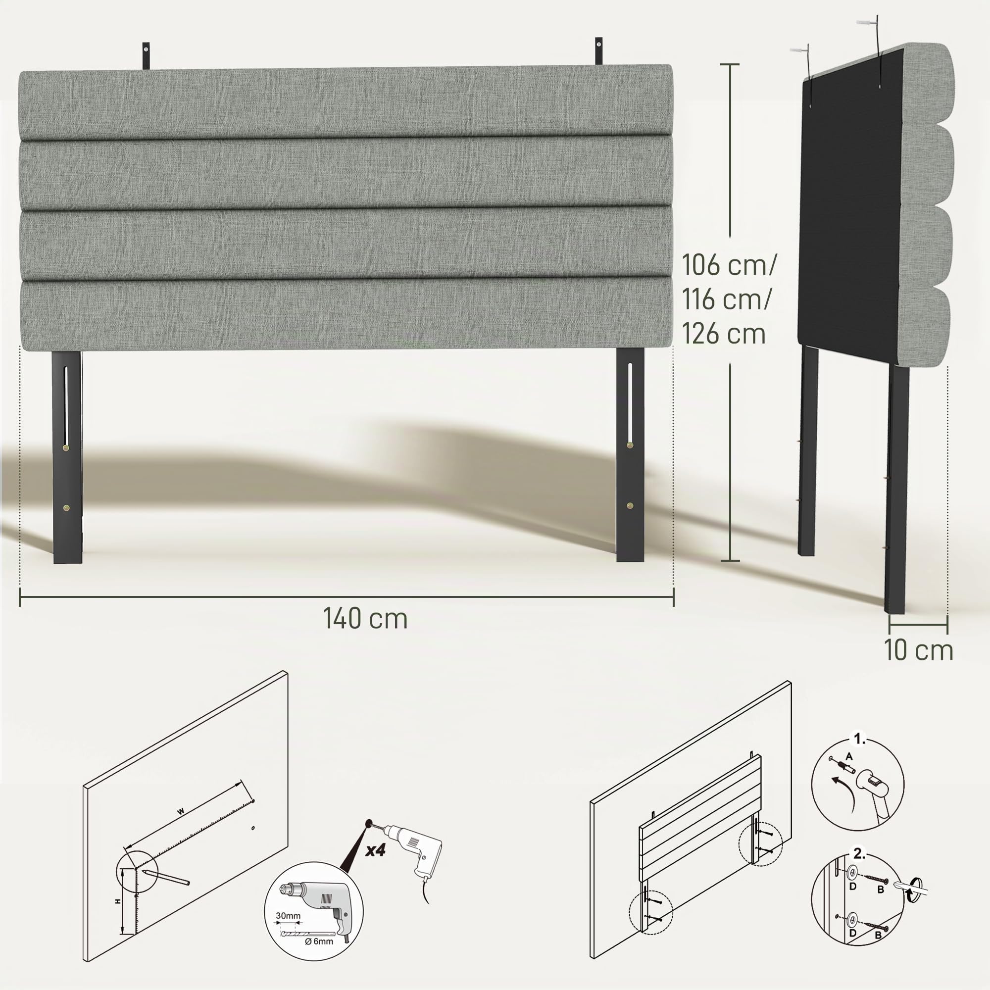 HOMCOM Cabecero de Cama 140 cm Altura Ajustable 3 Niveles Tapizado Gris | 106/116/126 cm, Cabezal de Cama en Lino, Acolchado Linea, Patas de Acero, Montaje Pared, Cabecero para Dormitorio
