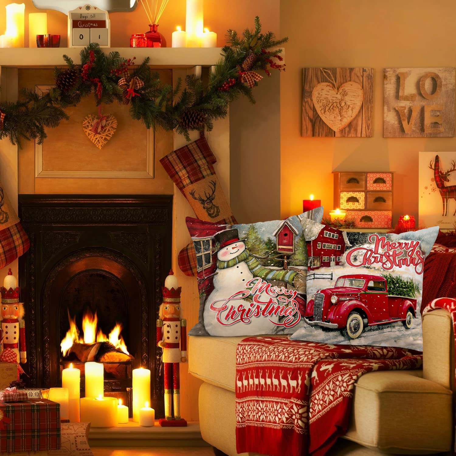 Lanpn Set di 4 federe per cuscino natalizio, 24 x 24 cm, motivo: Babbo Natale, pupazzo di neve, acquerello, decorazioni per feste, 24 x 24 cm, per interni ed esterni, casa e stanza
