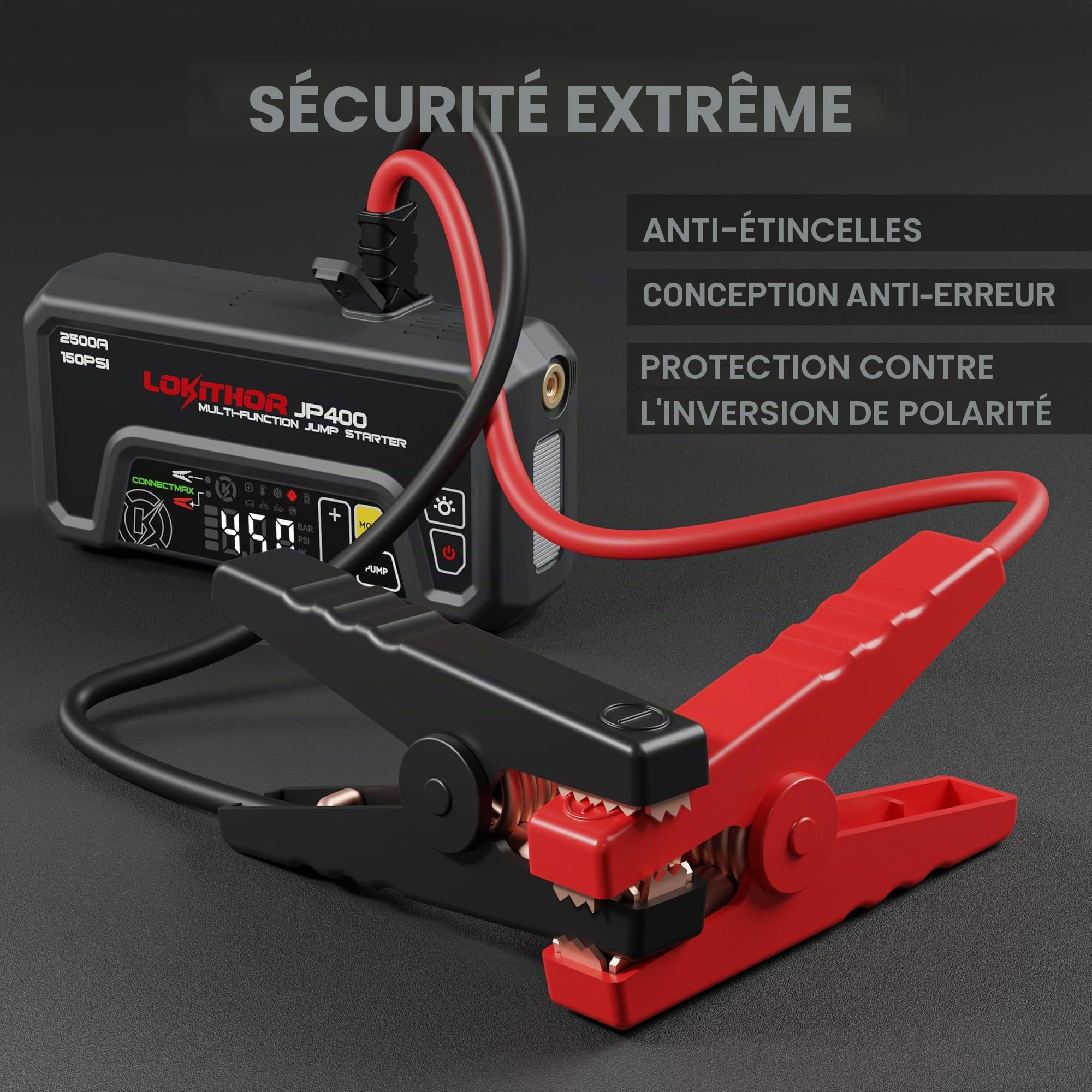 LOKITHOR JP400 Booster de Batterie Voiture avec Gonfleur 12V 2500A avec Compresseur d’Air 150 PSI, Démarreur de Batterie Voiture pour Moteurs Jusqu’à 8.5L Essence et 6.5L Diesel, Intégré, Lampe LED