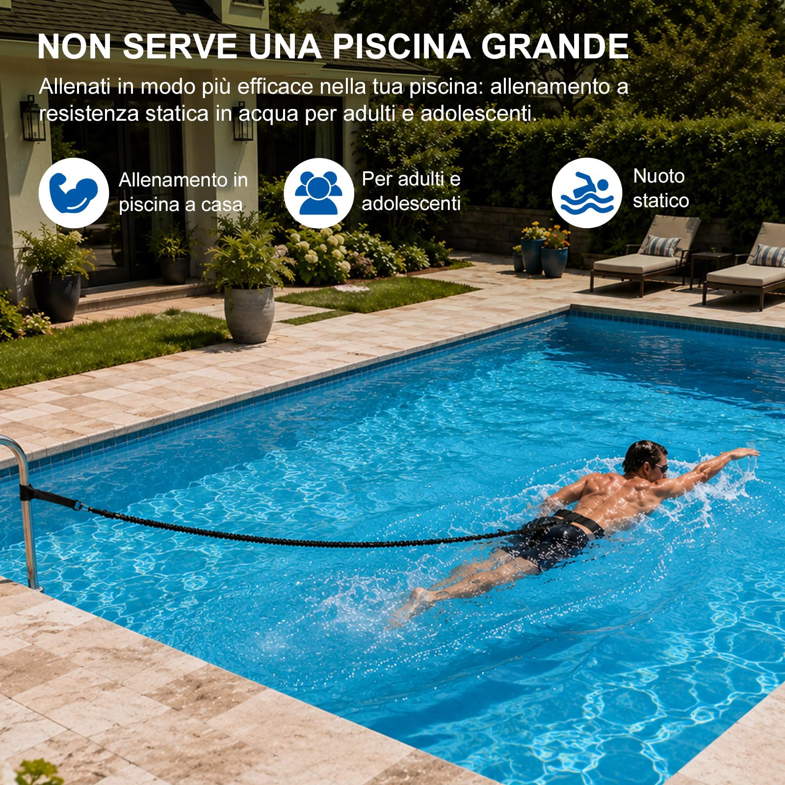 Guinzaglio da nuoto per piscina, cintura per allenamento di nuoto, guinzaglio per nuoto, nuoto fisso, regolabile da 2,5 a 7,5 m