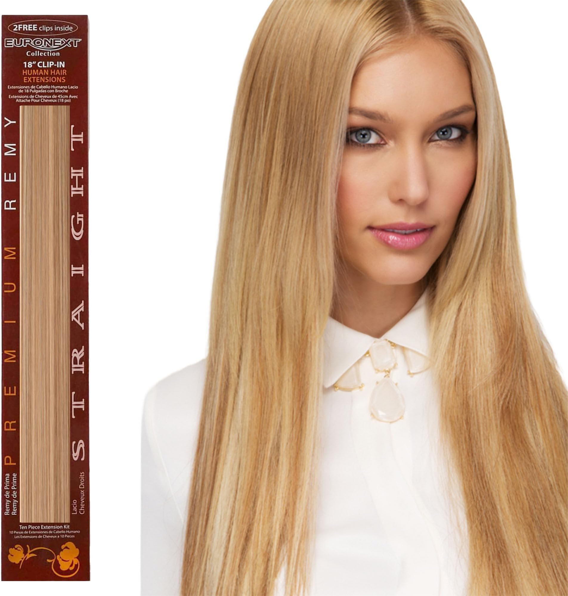 Clip in hair extensions, 100% Remy human hair, 18 inches, Straight, Curly, Blonde Frost