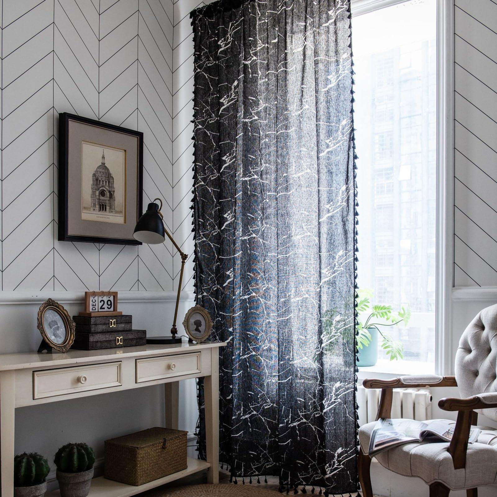 AMDXD Cortinas negras para habitación infantil con ojales, diseño de mármol, opacas con estampado de algodón y lino, 150 x 160 cm (ancho x alto)