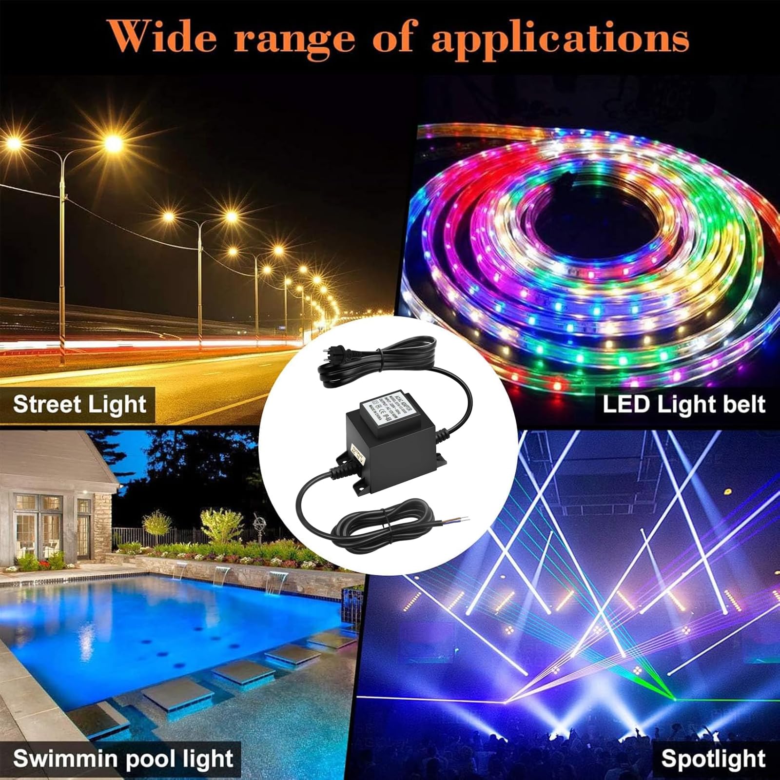Transformateur LED 12 V AC/AC 60 W, alimentation extérieure IP68, transformateur 220 V 12 V avec fiche, bloc d'alimentation LED 12 V pour éclairage LED et pompes de bassin