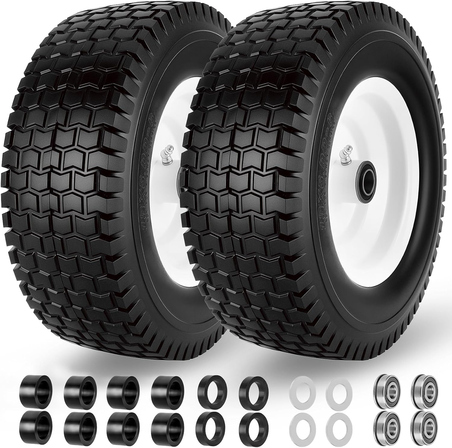 13x5.00-6 Flat Free Tire and Wheel with 3/4" & 5/8" Bearings – 2 Pack 13x5x6 Solid Rubber Lawn Mower Tires for Riding Lawn Mower Tires and Wheel with 3" Centered Hub