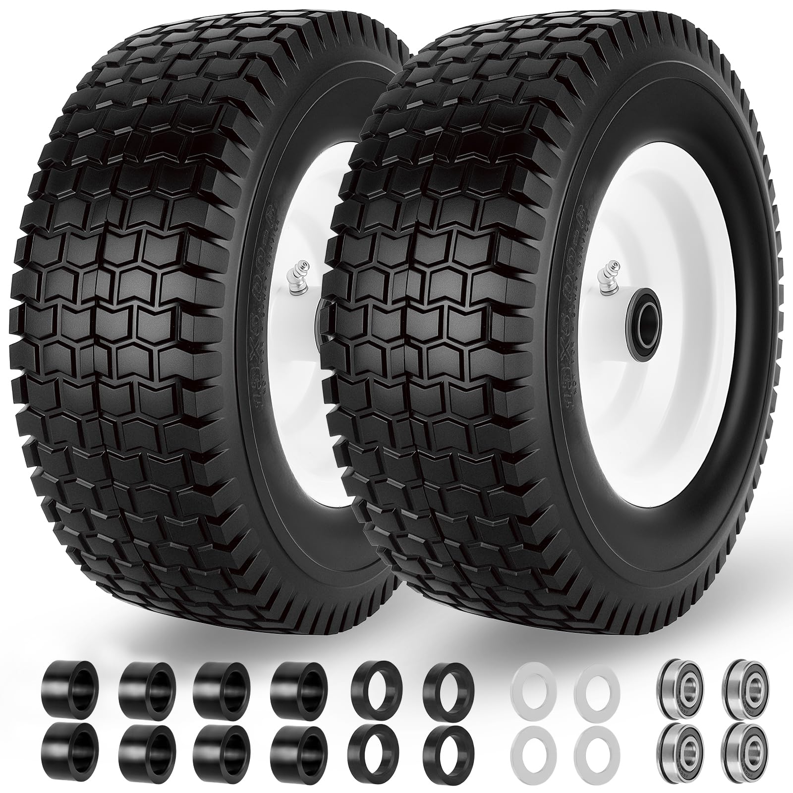 13x5.00-6 flat free tire and wheel with 3/4" & 5/8" bearings – 2 pack 13x5x6 solid lawn mower tires for riding lawn mower tires and wheel with 3" centered hub