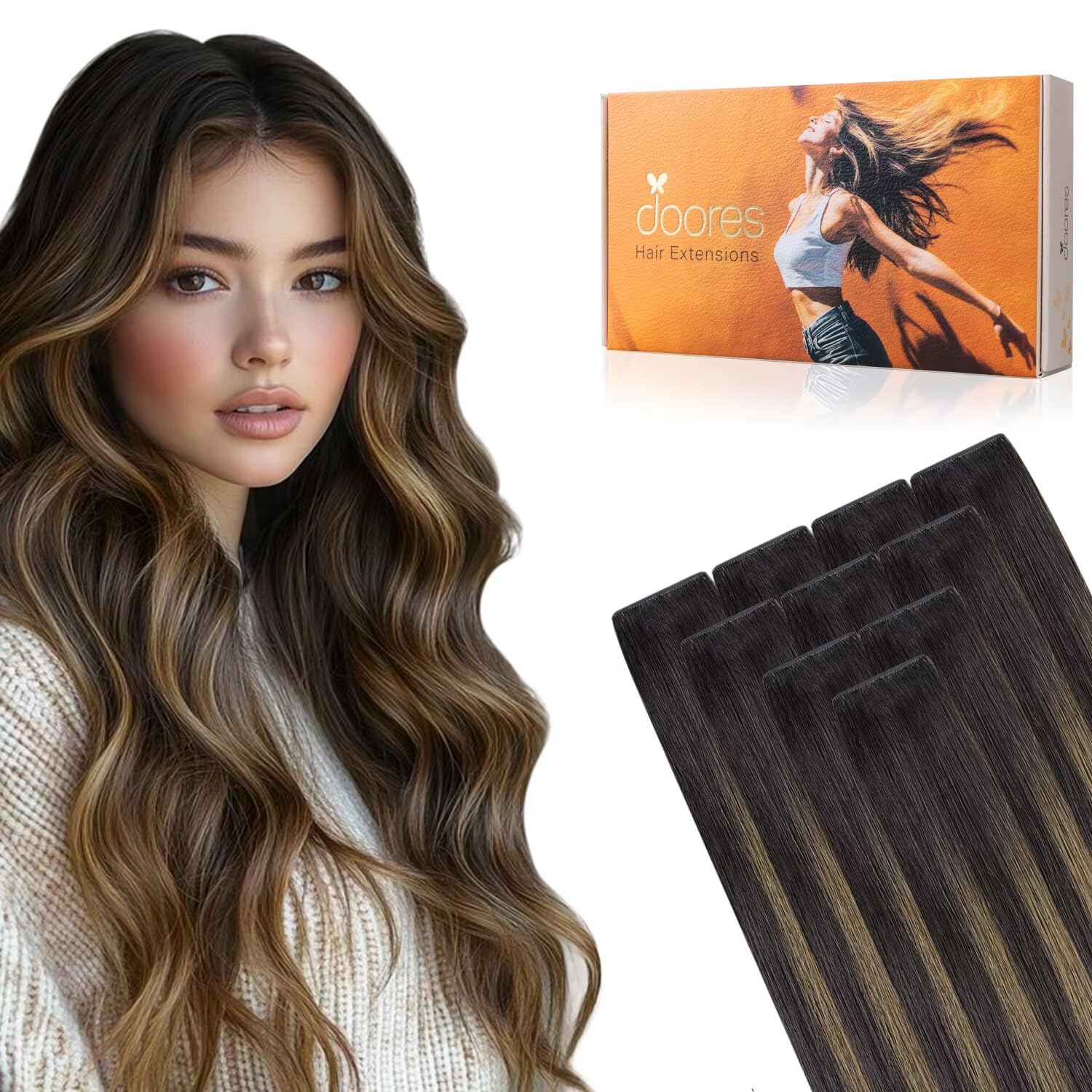 DOORES Human Hair Extensions Tape in, Balayage Walnut Brown to Ash Brown and Bleach Blonde, 18 Inch 20pcs 50g, Tape in Hair Extensions Silky Straight Soft Weft — view 136