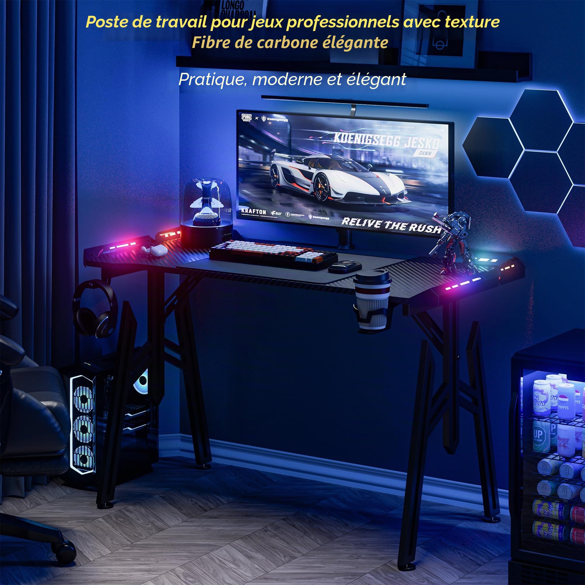 FIVMEN Bureau de gaming LED 160x60 cm avec table de gaming pour ordinateur, porte-gobelet et crochet pour casque, bureau PC pour gamer avec revêtement en fibre de carbone, M-Frame