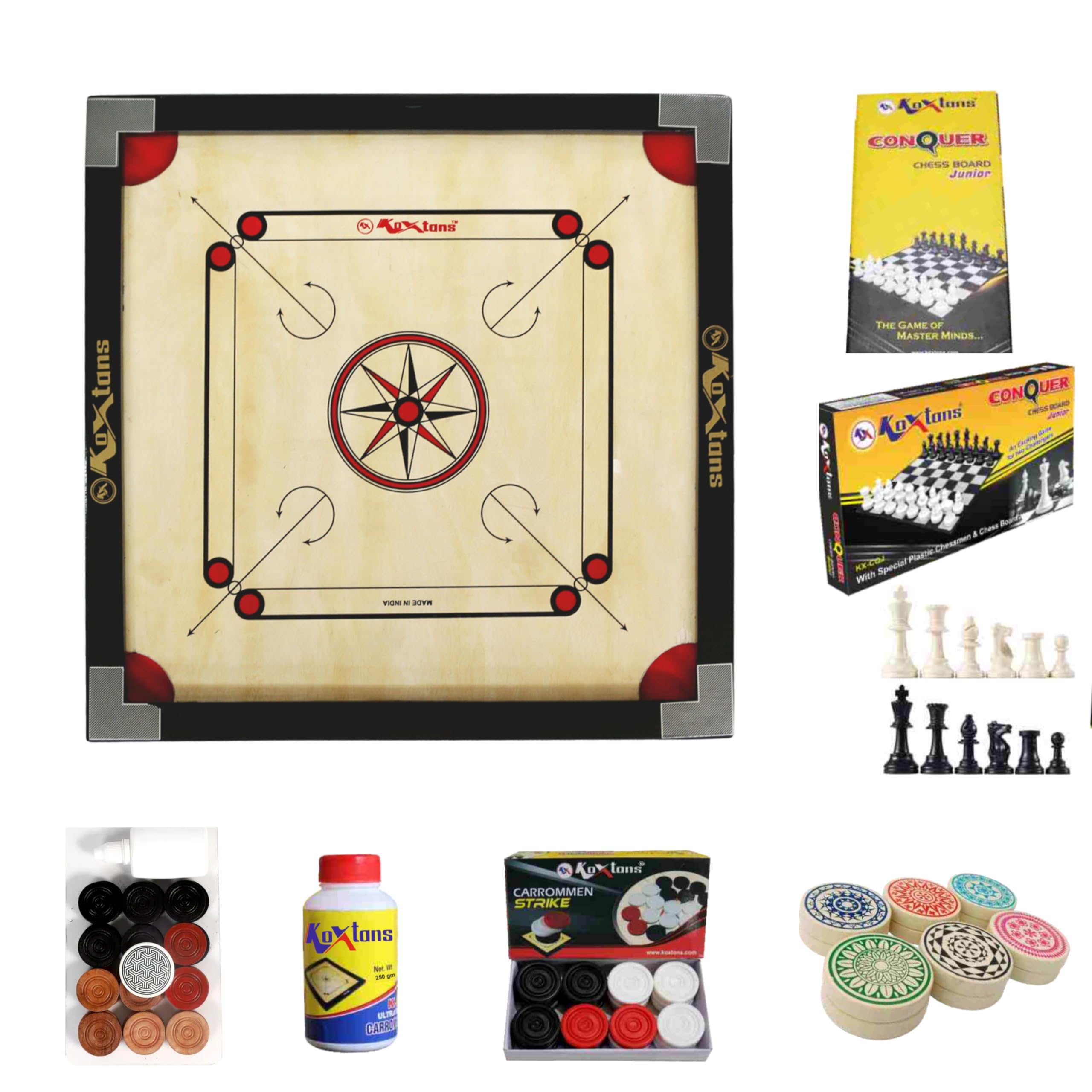 KOXTONS - Carrom Board 28 INCH Medium Size Cut Pocket with 1.5" Border & 4 mm Ply (Premium) with STRICKER & Accessories and Vista 14 INCH Chess Conquer Gift Set
