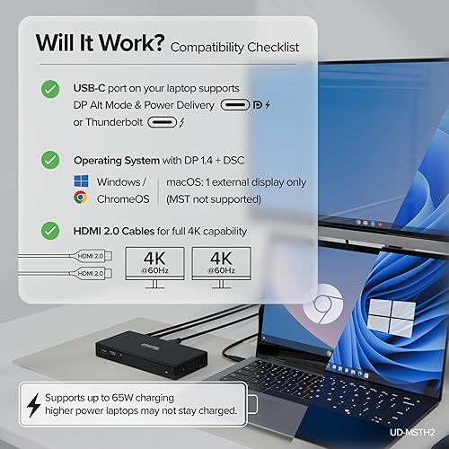 Miniatura 5 de Estación de acoplamiento USB-C Plugable Dual 4K 60Hz HDMI, carga de 65W, Gigabit Ethernet, 1x USB-C 5Gbps, 3X USB-A, Audio, Windows/ChromeOS,