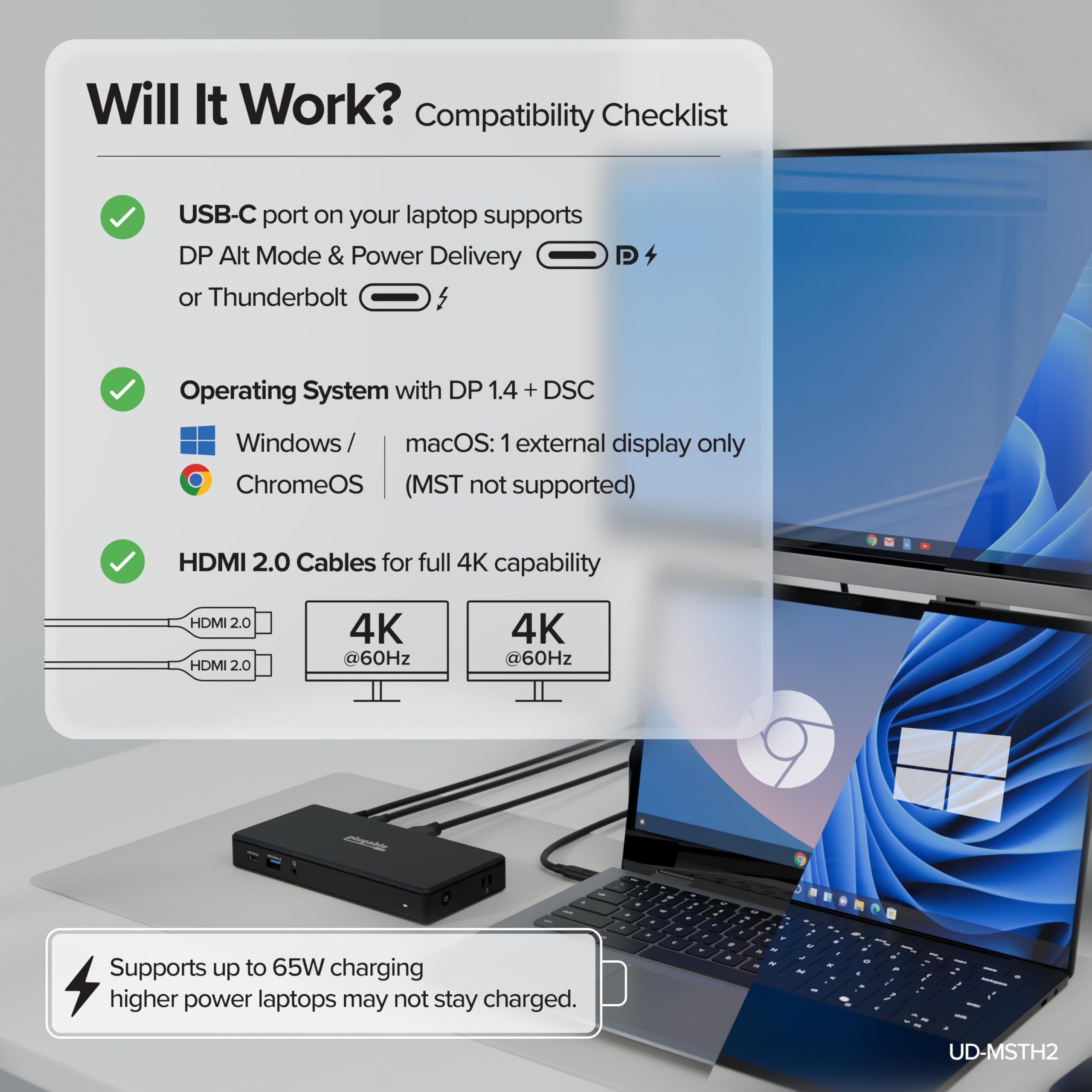 Plugable UD-MSTH2 Station d'accueil USB C double moniteur 2 ports HDMI, station de distribution d'alimentation, double moniteur 4K pour Windows, ChromeOS, 1 port USB-C, 3 ports USB, Ethernet et audio
