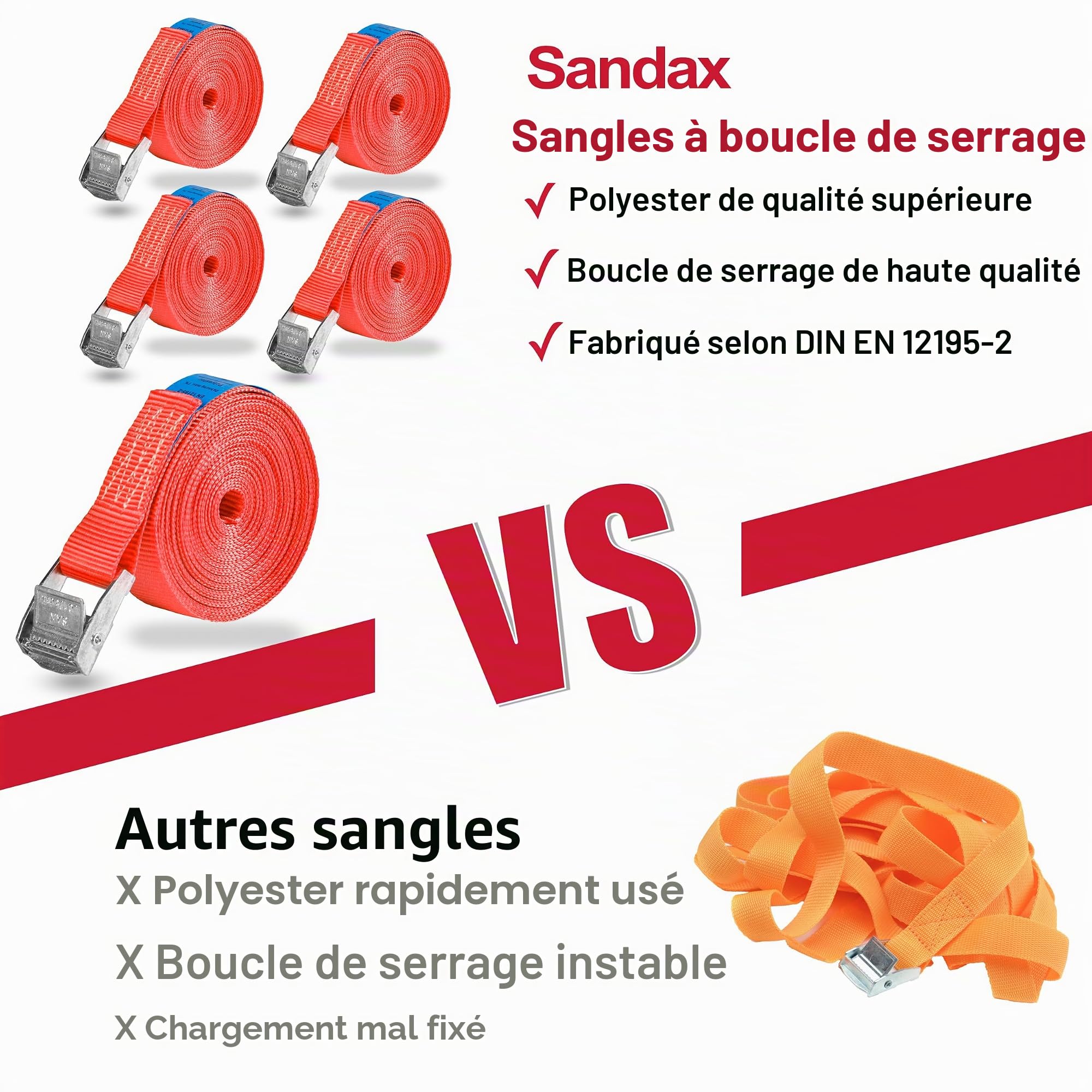 Lot de 6 Sangles d'arrimage avec Boucle, Ceinture à Blocage par Serrage, Sangles de Fixation Charge Max. 250 kg, Selon DIN en 12195-2, Longueur 3m Largeur 25mm, en Une pièce, Rouge