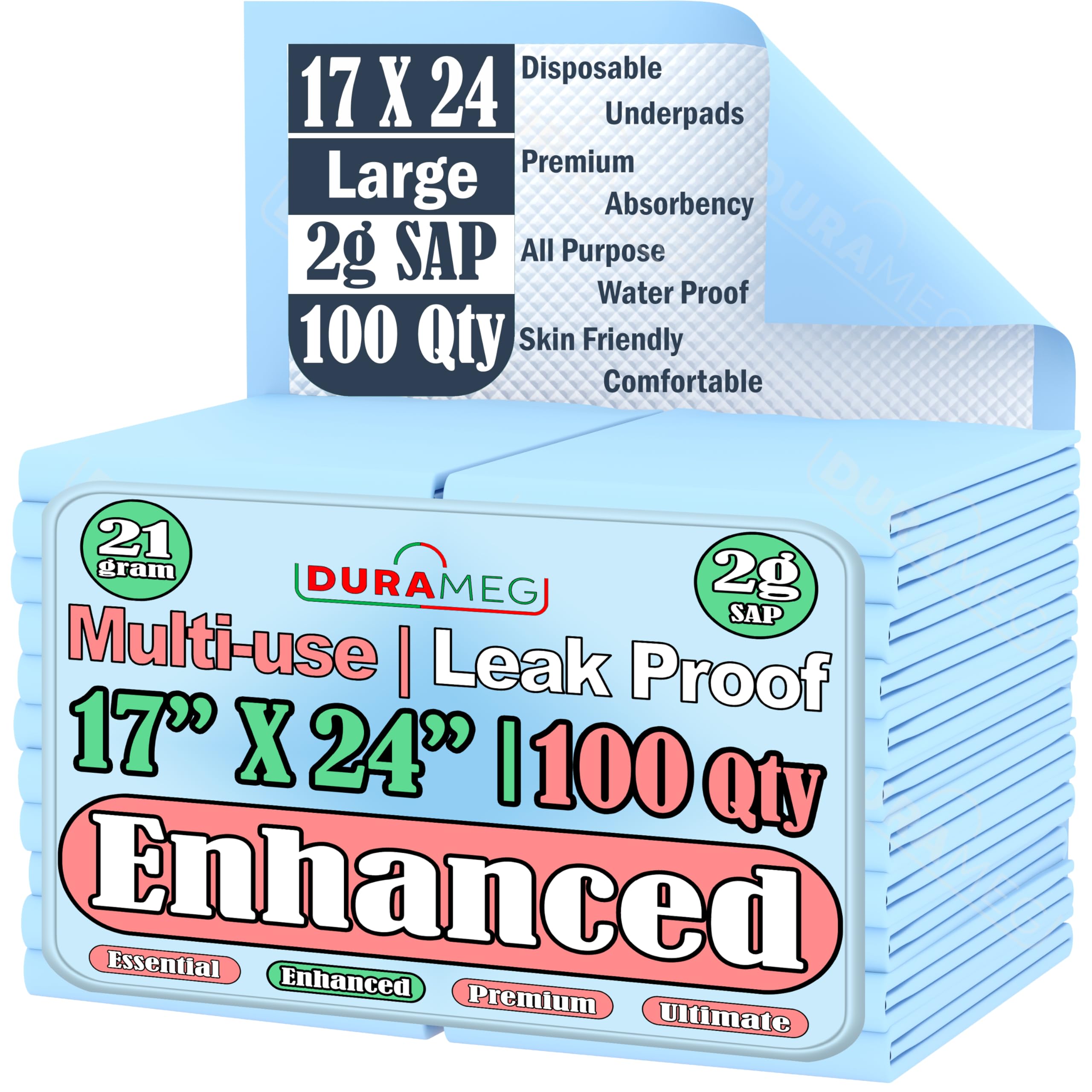 Durameg Chucks Pads 17x24 [100 Pack] – Disposable Blue Underpads with 2g SAP Fluff for Incontinence, Babies, Adults, Elderly & Pets – Leak-Proof, Absorbent Pee & Puppy Pads for Training